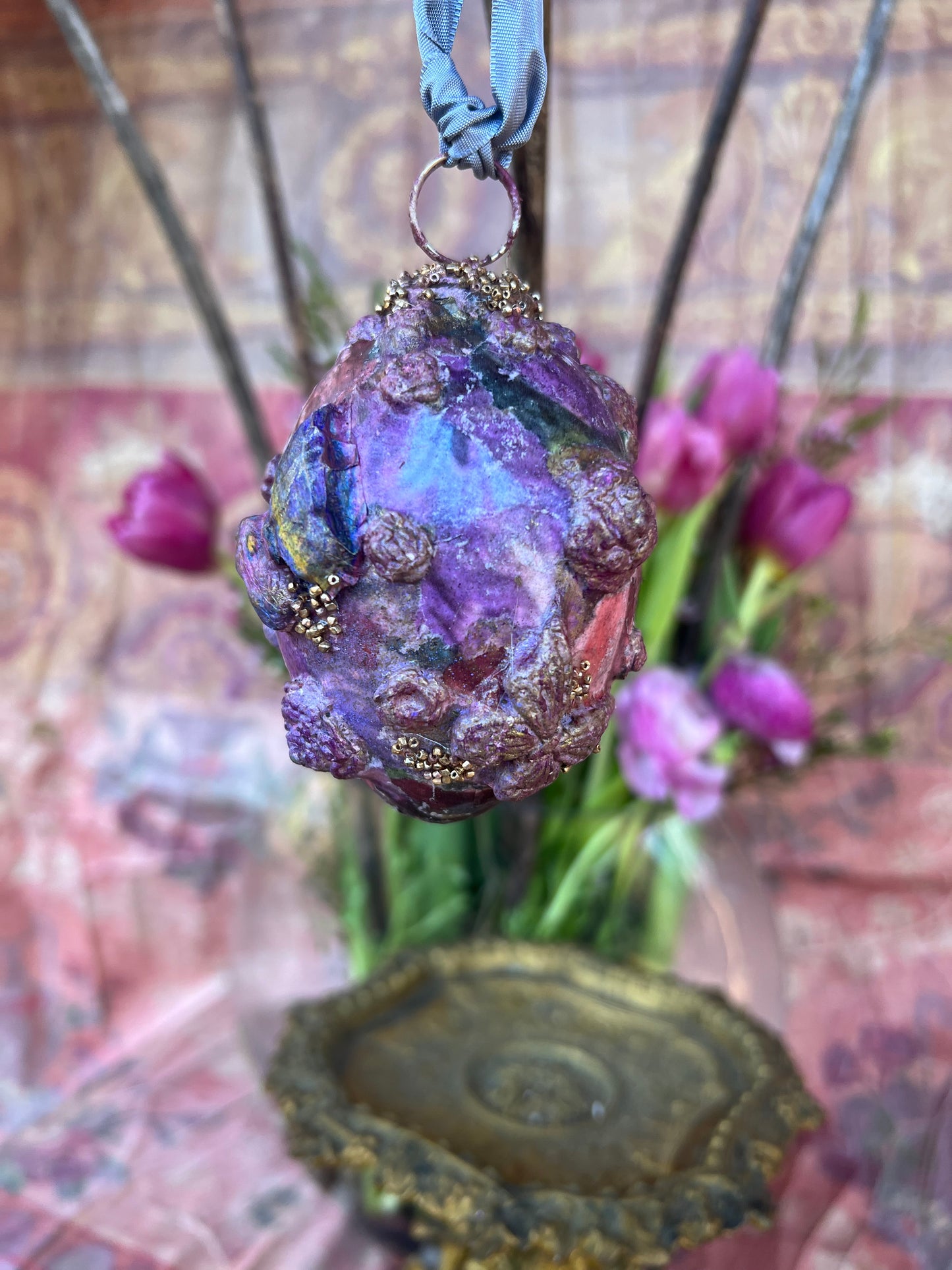 "Midnight Garden Hues", Handmade Decorative Easter Eggs, Vintage Butterfly Egg Ornament