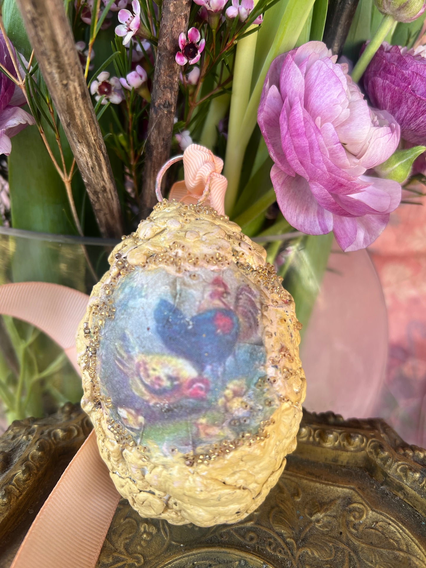 "My Little Chickadee", Handmade Decorative Easter Eggs, Vintage Rustic Chicken & Rooster Egg Ornament