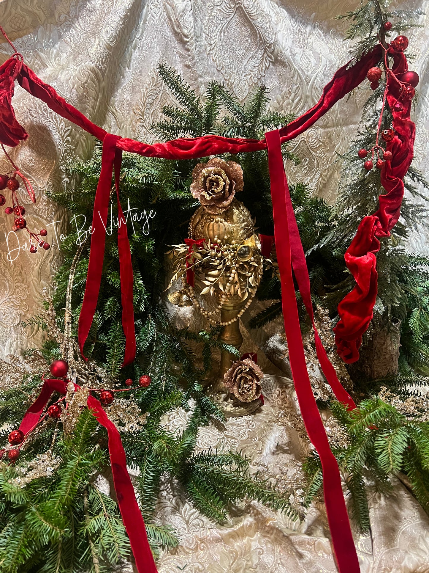 Red & Gold Holiday Centerpiece ~ Rustic Glam Centerpiece ~ Bows ~ Roses