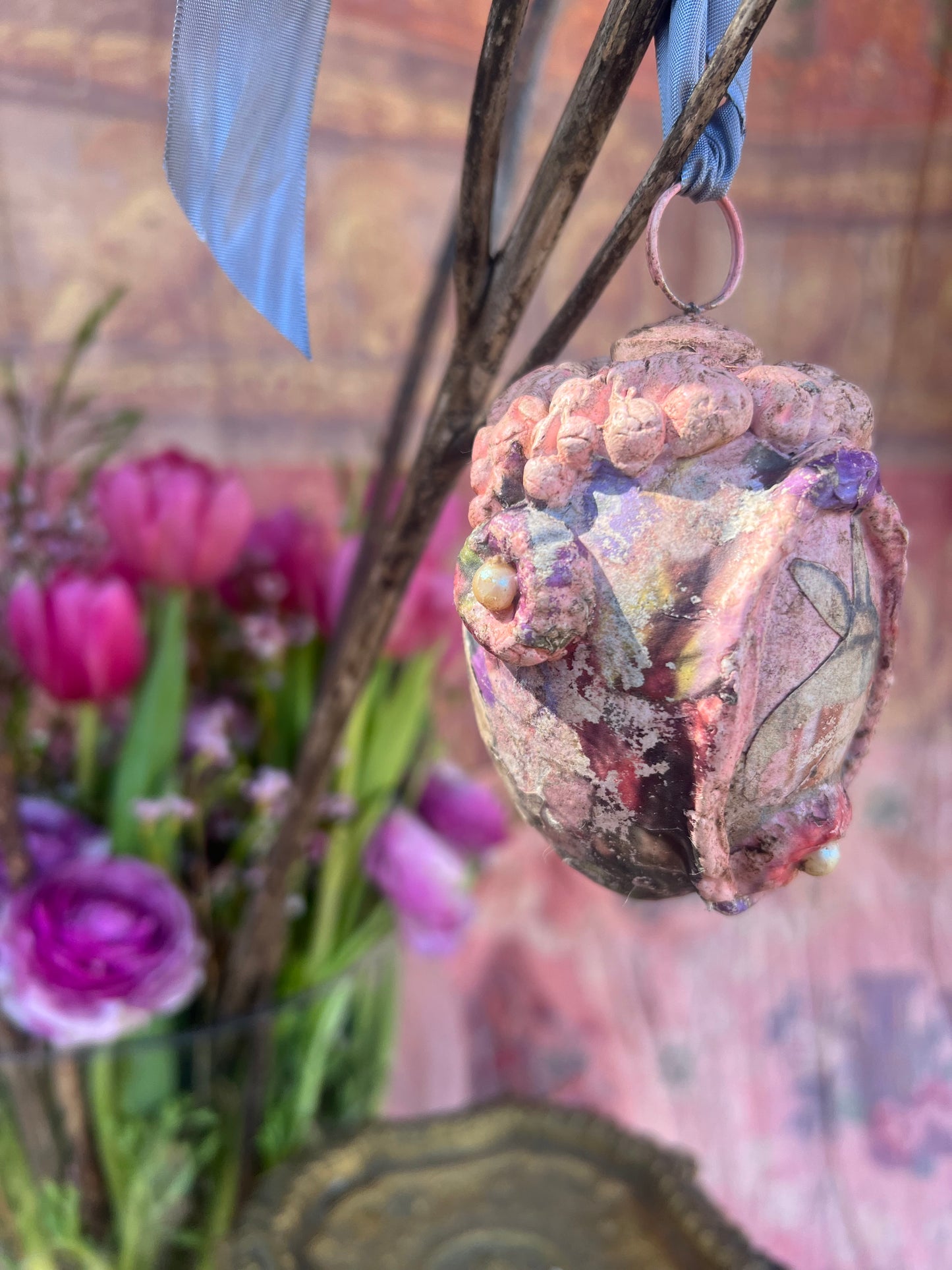 "Spring Hope", Handmade Decorative Easter Eggs, Vintage Rustic Rabbit Egg Ornament