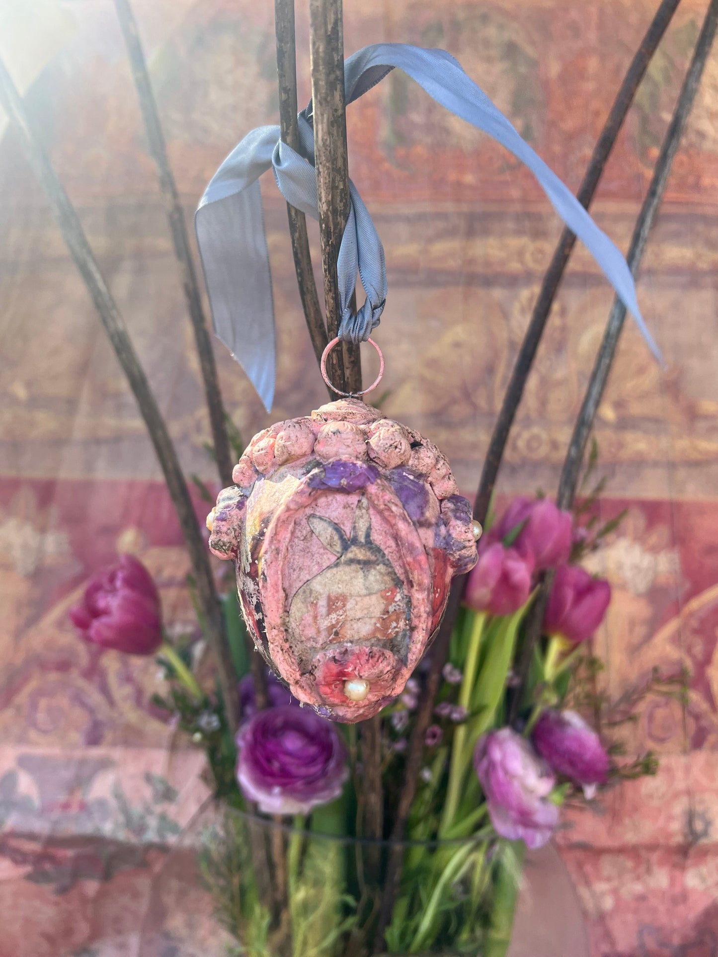 "Spring Hope", Handmade Decorative Easter Eggs, Vintage Rustic Rabbit Egg Ornament