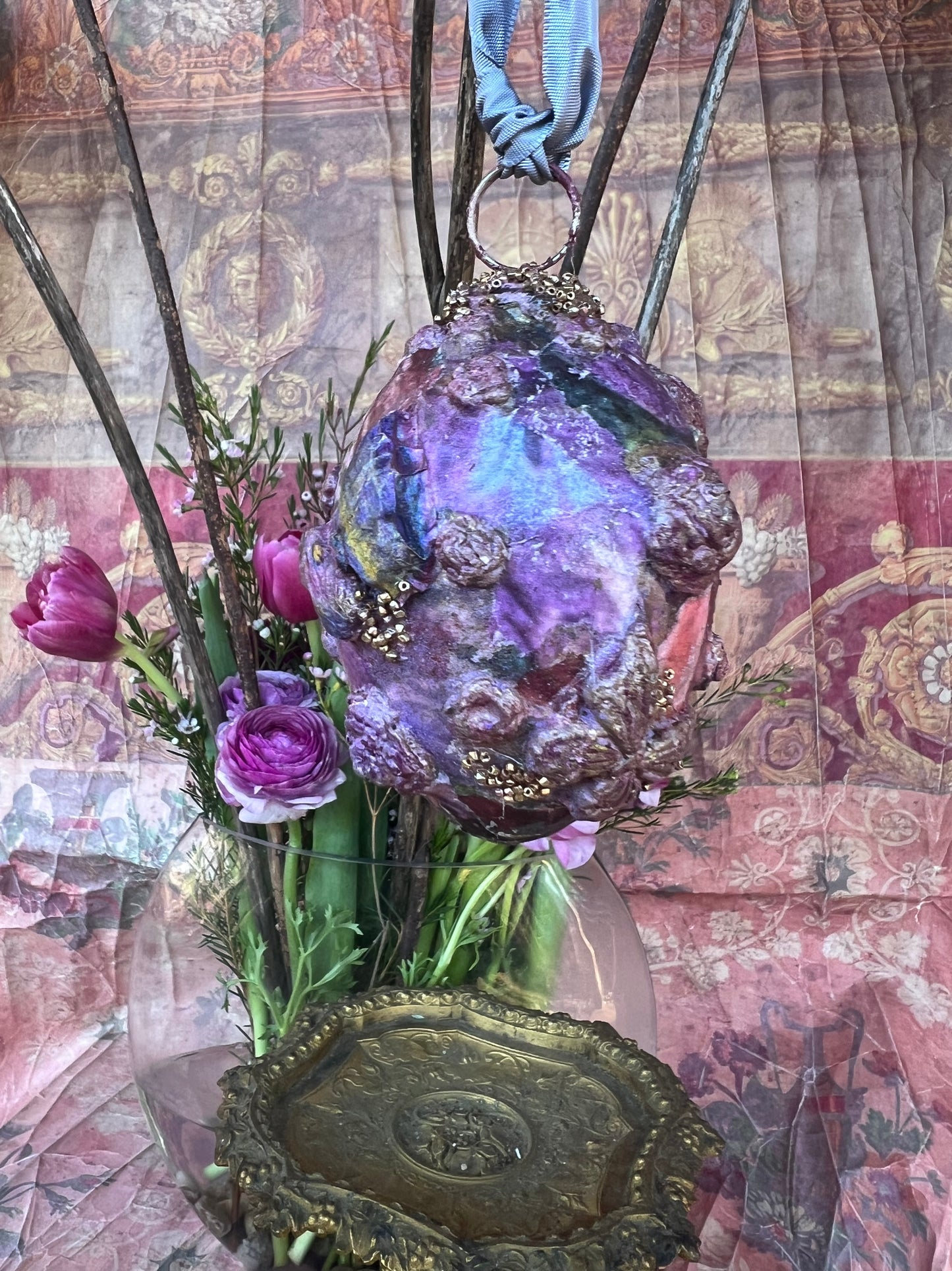 "Midnight Garden Hues", Handmade Decorative Easter Eggs, Vintage Butterfly Egg Ornament