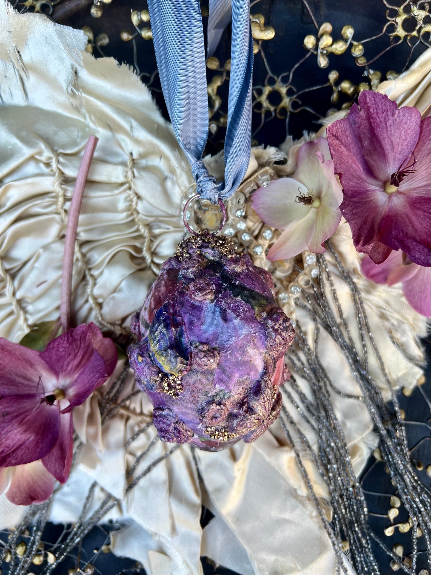 "Midnight Garden Hues", Handmade Decorative Easter Eggs, Vintage Butterfly Egg Ornament