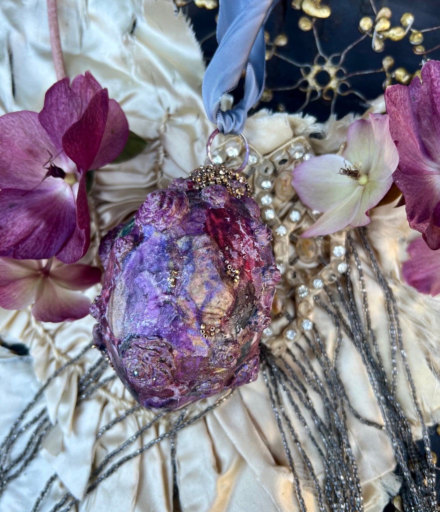 "Midnight Garden Hues", Handmade Decorative Easter Eggs, Vintage Butterfly Egg Ornament