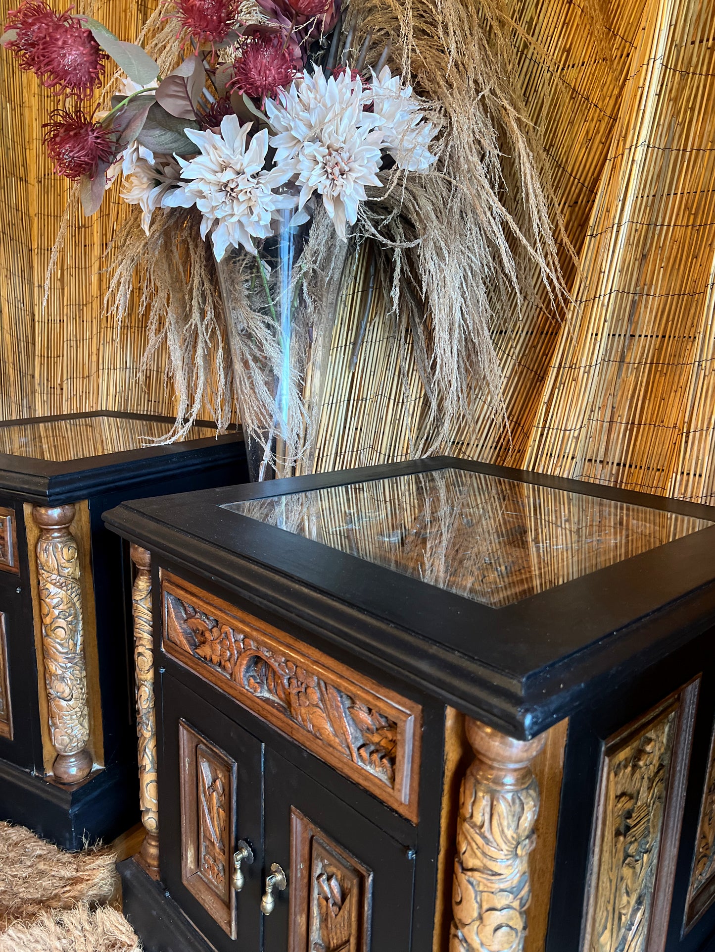 'Pagoda Garden' Hand Painted Vintage Carved Nightstands / Asian Carved End Tables / Vintage Wooden Carved Cabinets