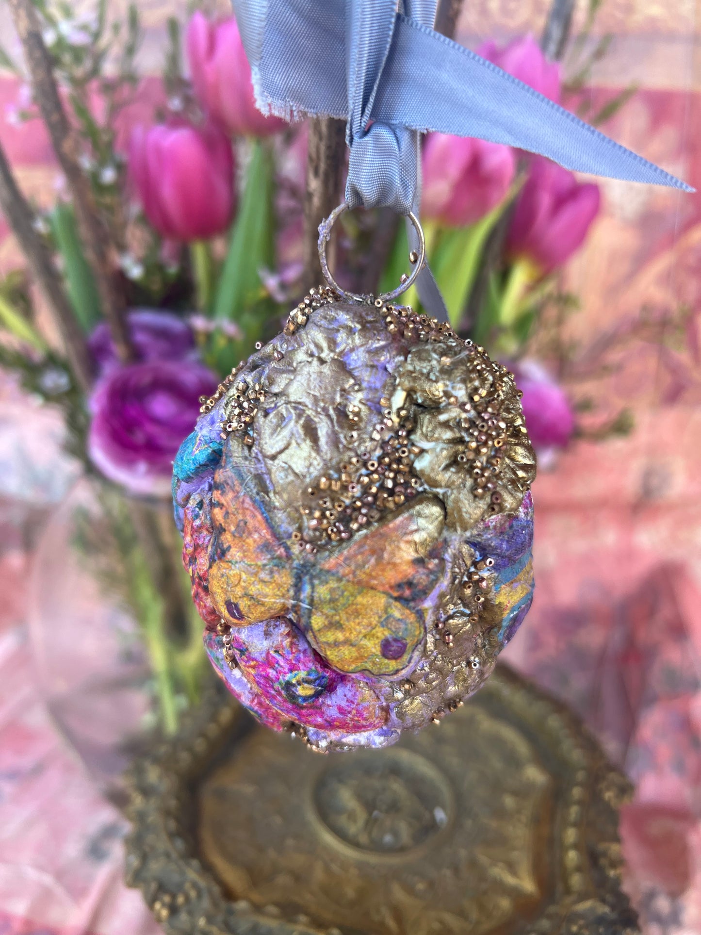 "Fluttering Dreams", Handmade Decorative Easter Eggs, Vintage Painted Butterfly Egg Ornaments