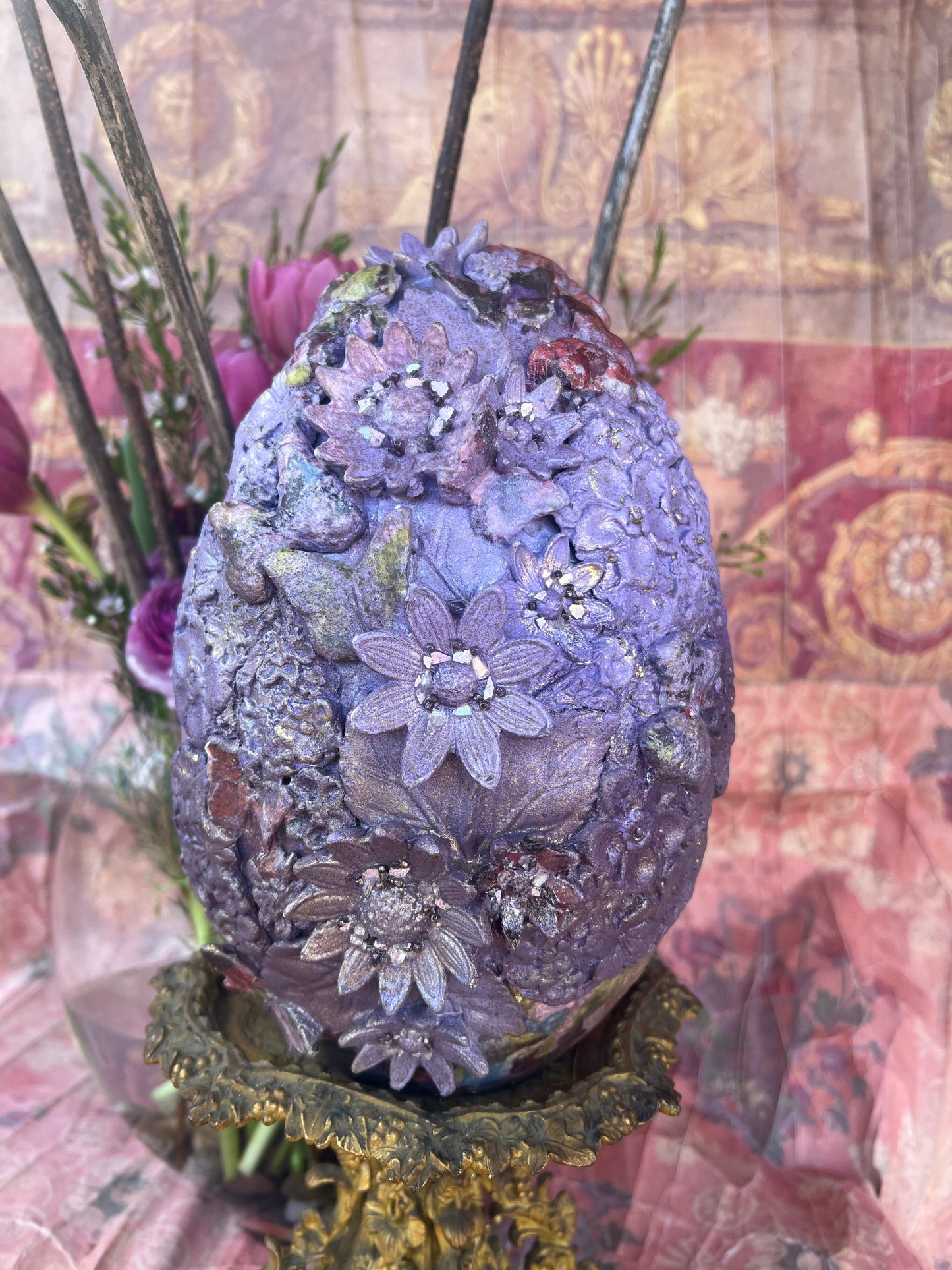 "Purple Gem" / Handmade Decorative Easter Eggs, Painted Butterfly Floral Egg