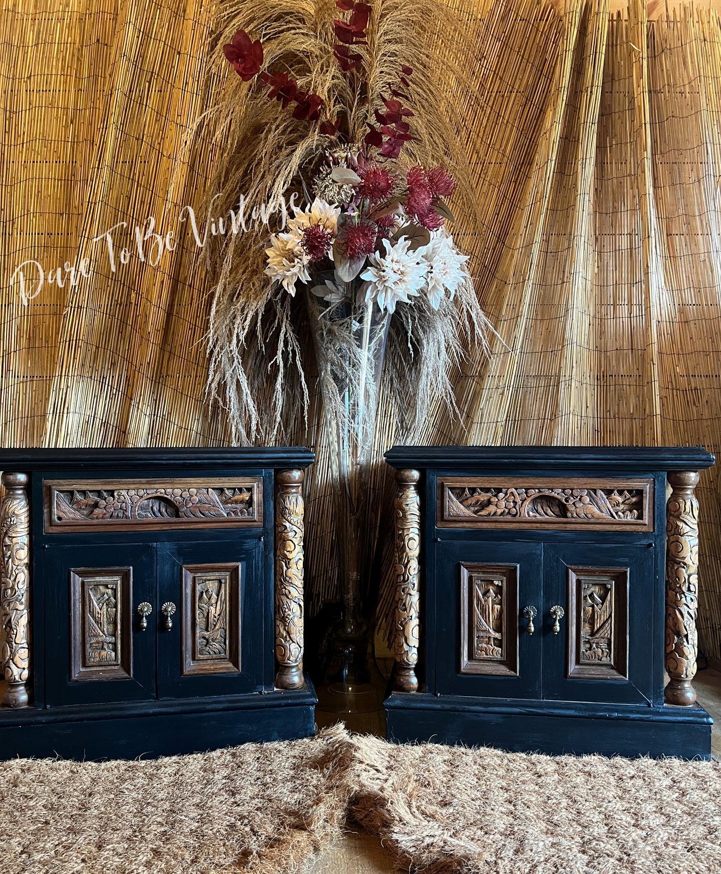 'Pagoda Garden' Hand Painted Vintage Carved Nightstands / Asian Carved End Tables / Vintage Wooden Carved Cabinets