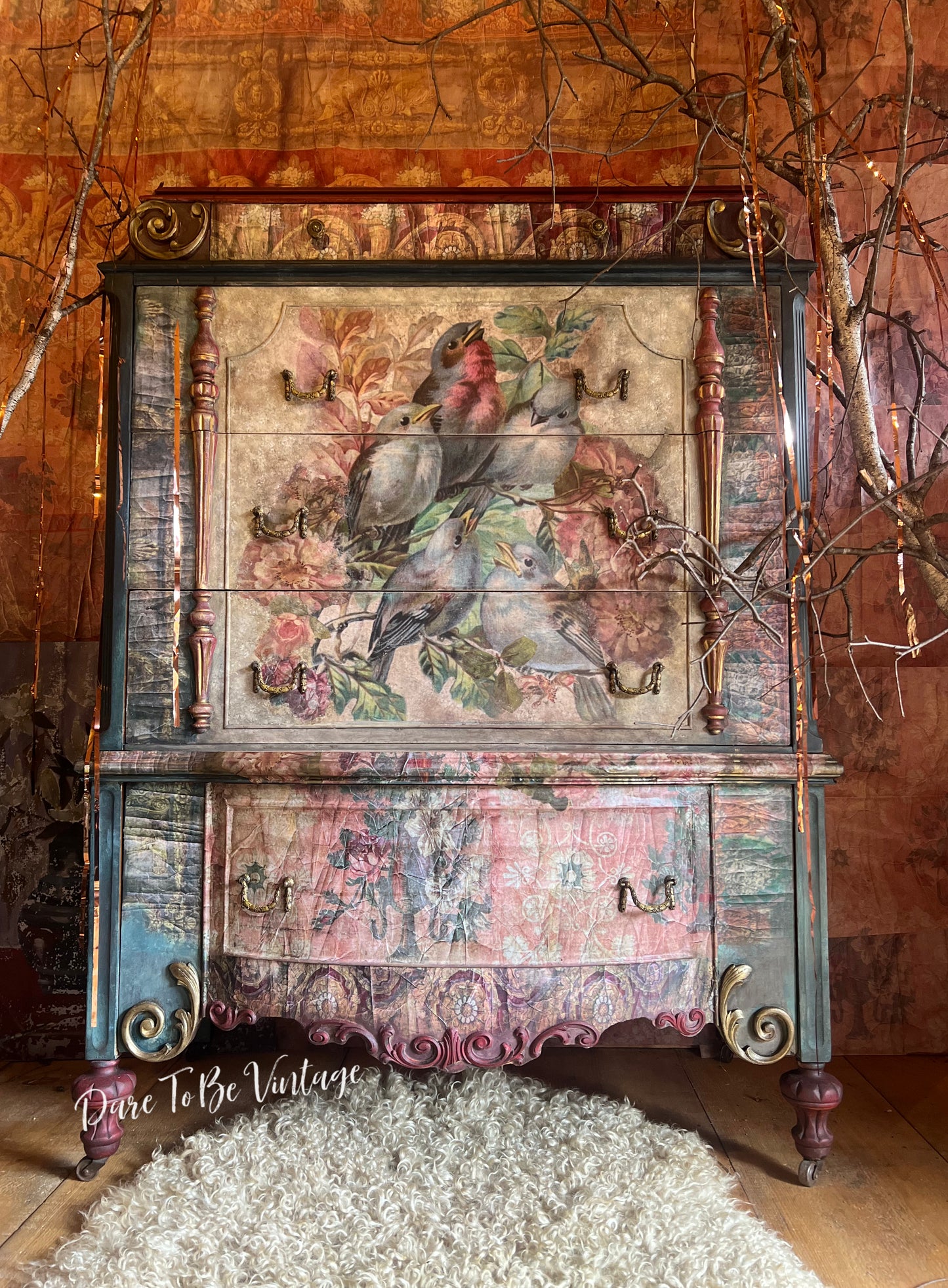 "Song Bird" / Hand Painted French Country Cottage Dresser / Garden Birds / Bohemian Dresser