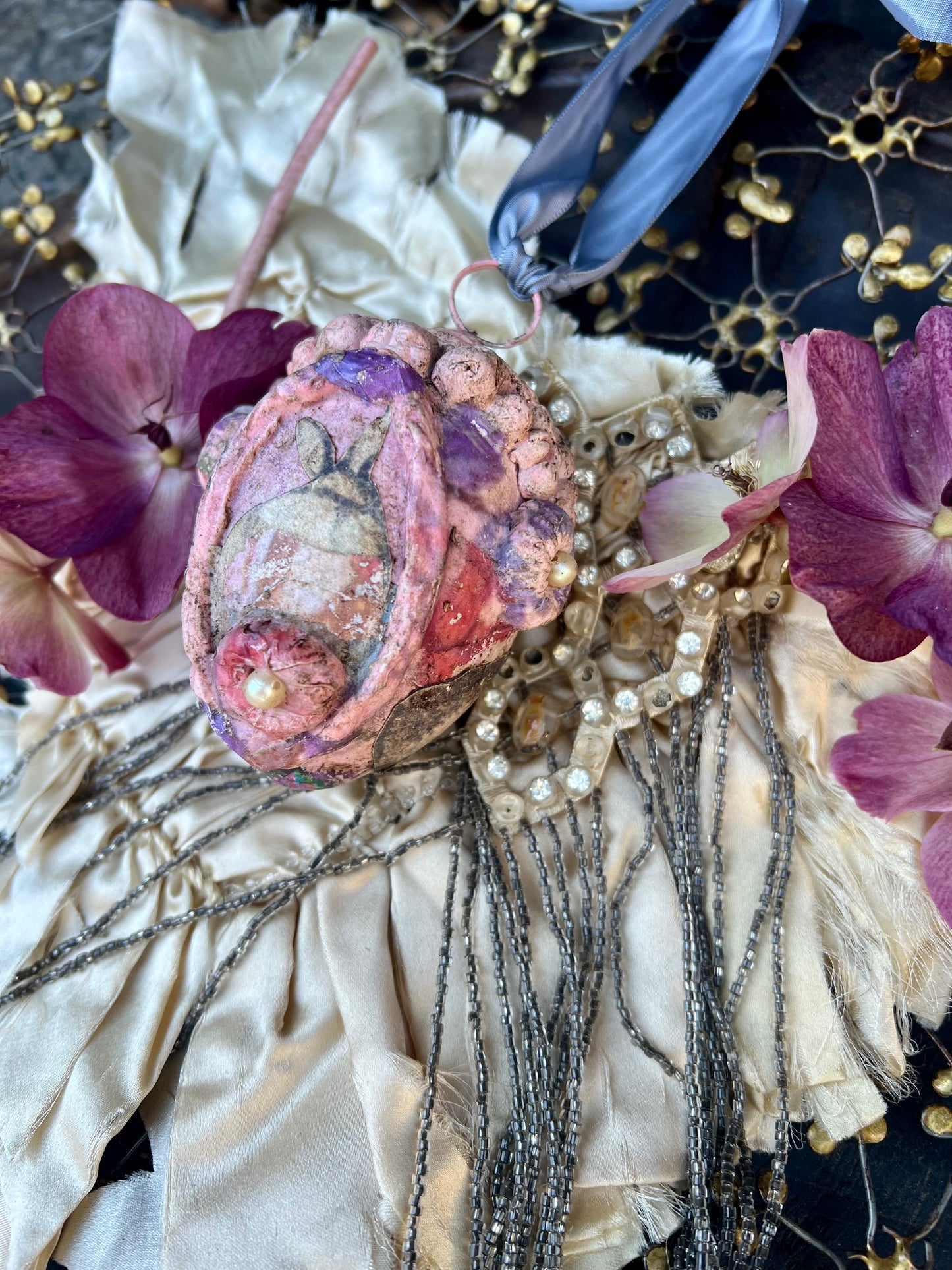 "Spring Hope", Handmade Decorative Easter Eggs, Vintage Rustic Rabbit Egg Ornament