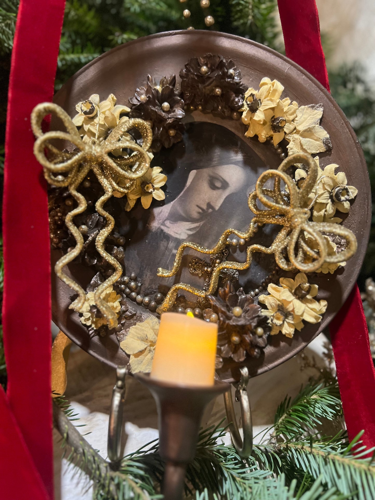 Handmade Religious Wall Art ~ Vintage Handmade Holiday Decor ~ Christmas Bows & Flowers