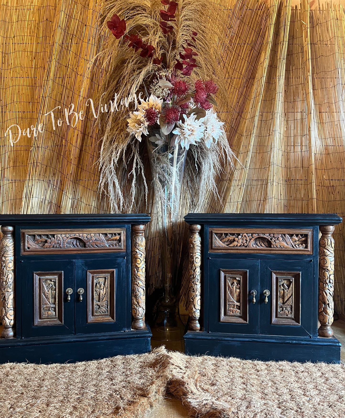 'Pagoda Garden' Hand Painted Vintage Carved Nightstands / Asian Carved End Tables / Vintage Wooden Carved Cabinets