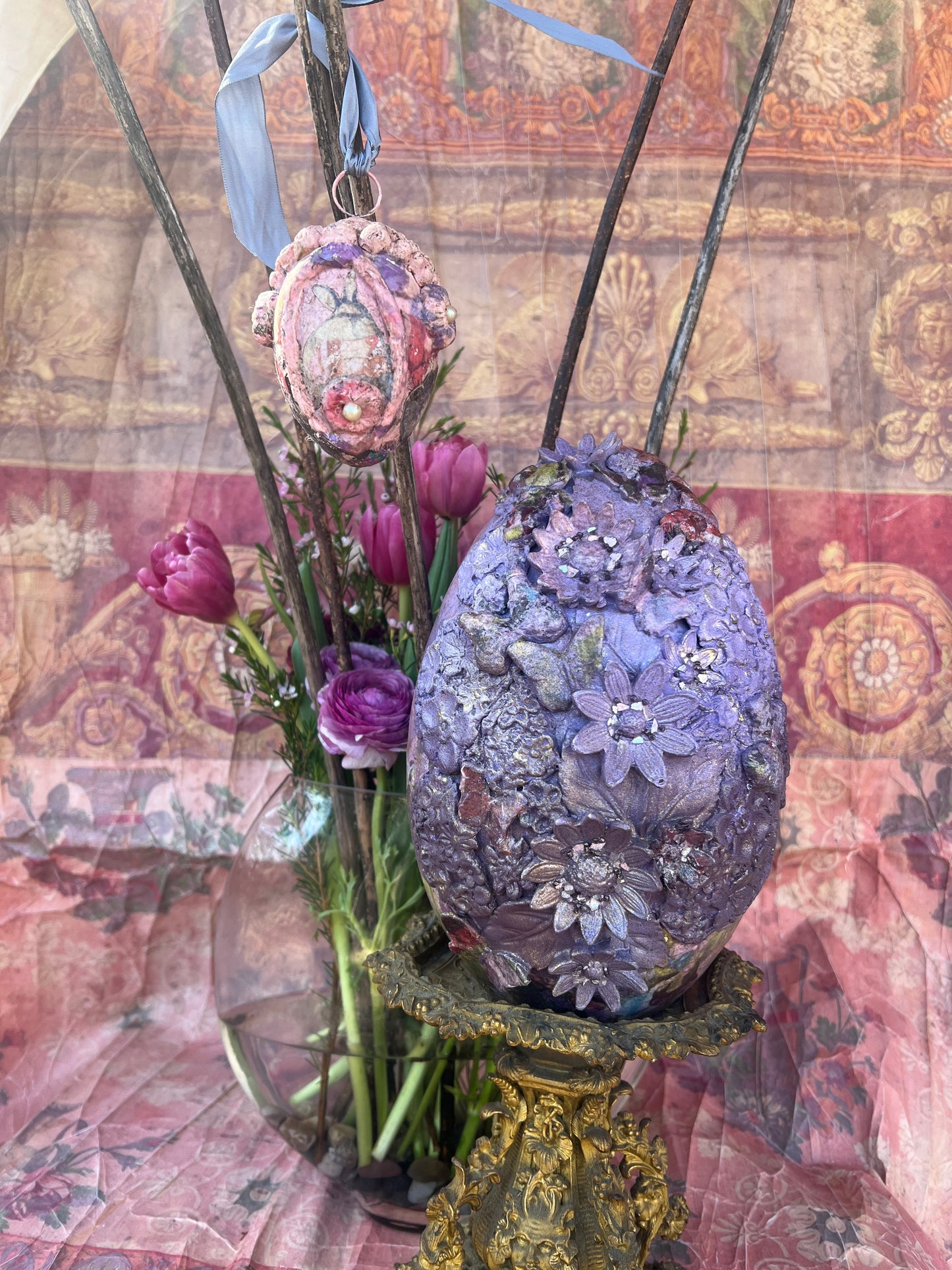 "Purple Gem" / Handmade Decorative Easter Eggs, Painted Butterfly Floral Egg