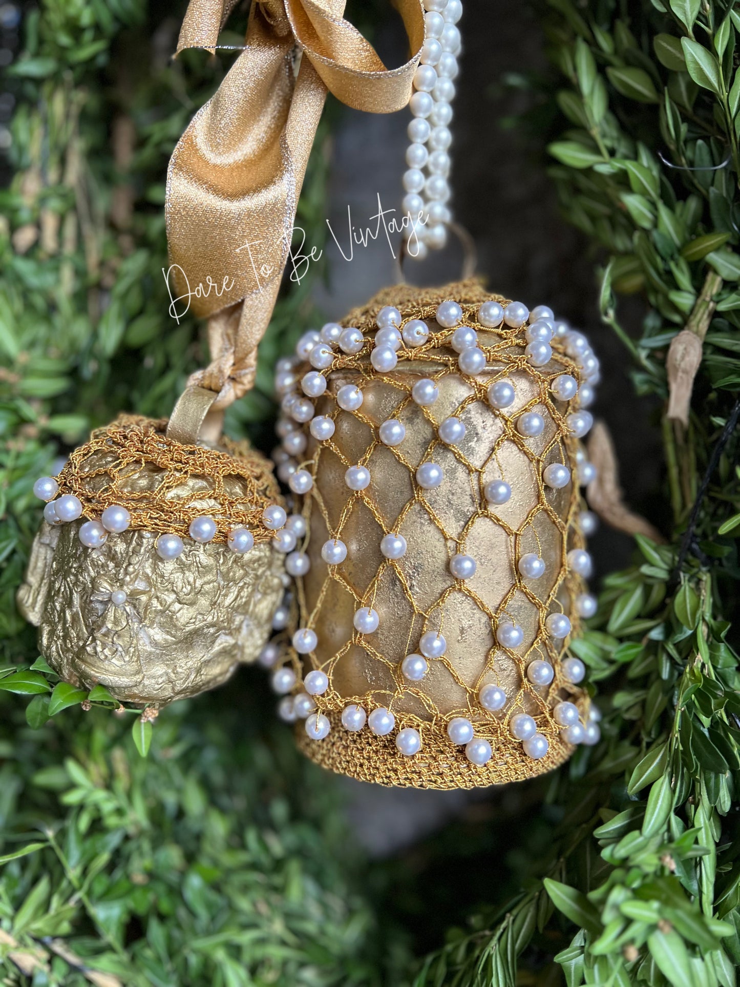 Handmade Holiday Bells / Vintage Pearl Metallic / Wreath Mantle Decorations