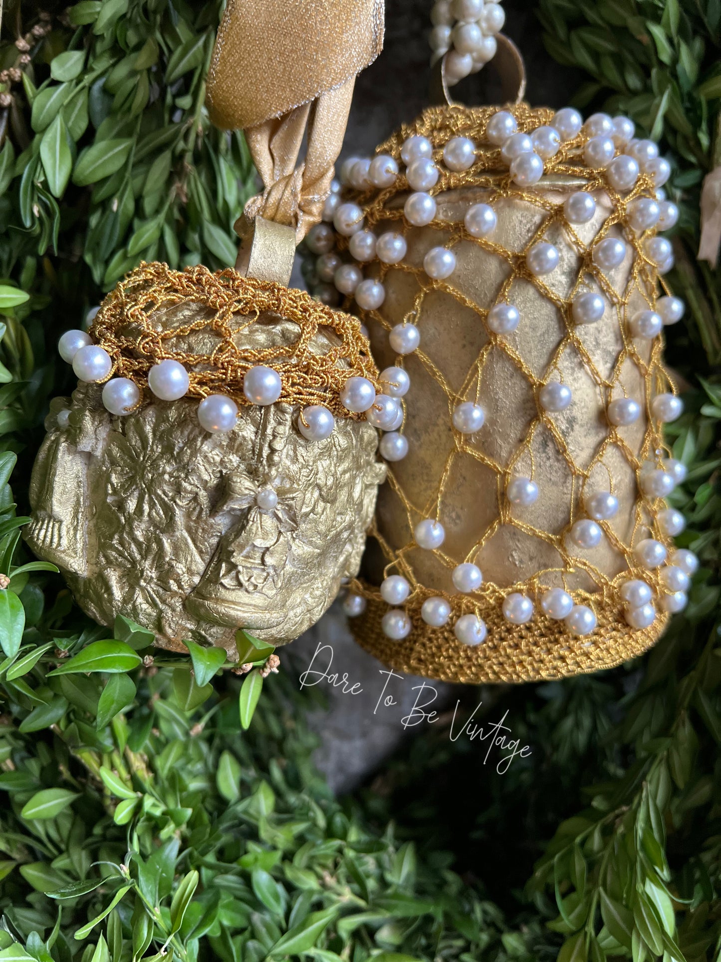 Handmade Holiday Bells / Vintage Pearl Metallic / Wreath Mantle Decorations