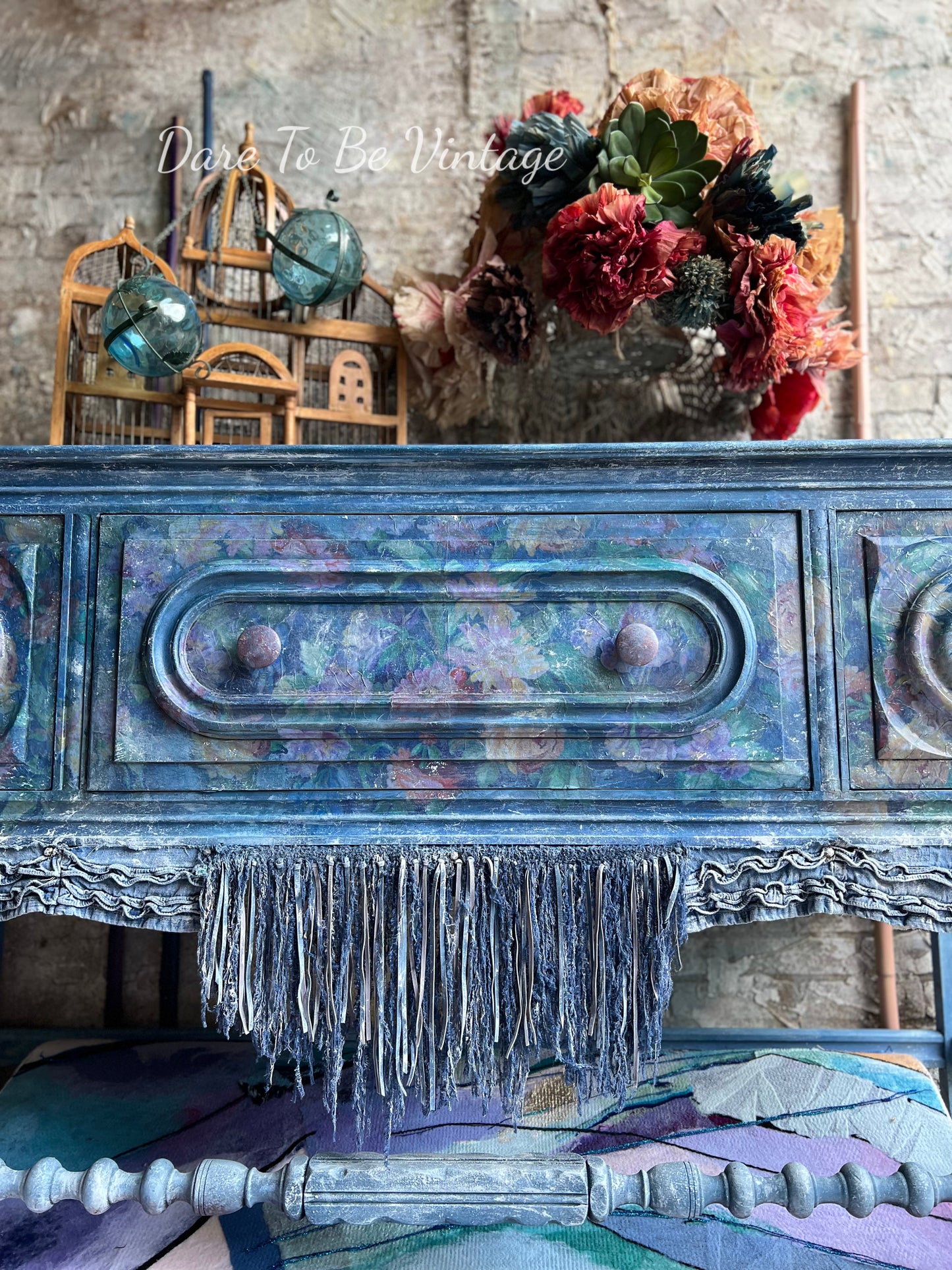 'Love Is In The Air ' Hand Painted Blue Jean Floral Buffet Sideboard