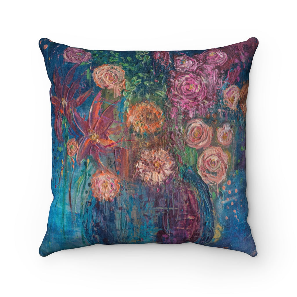"Color My World " Floral Bouquet Faux Suede Square Pillow