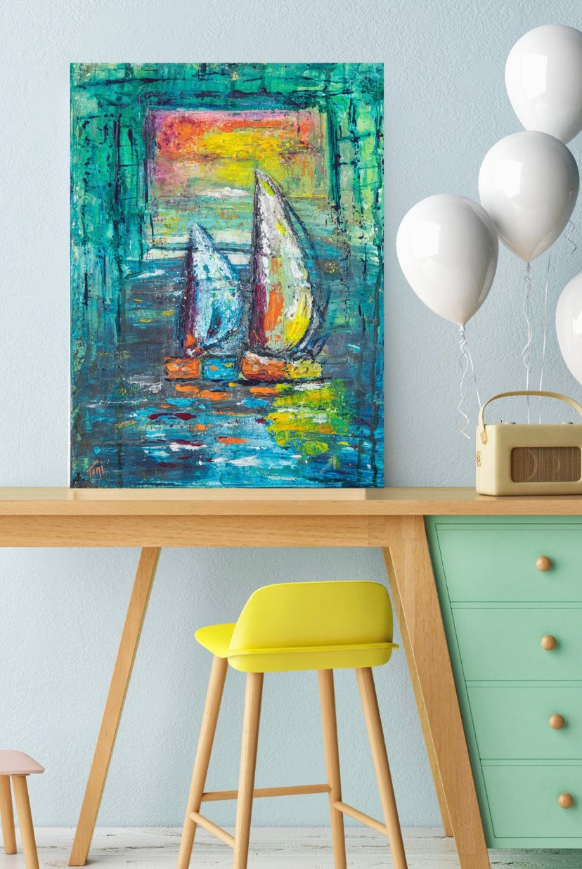 'A Quiet Morning At Sea' Abstract Sailboat Beach Bath Towel