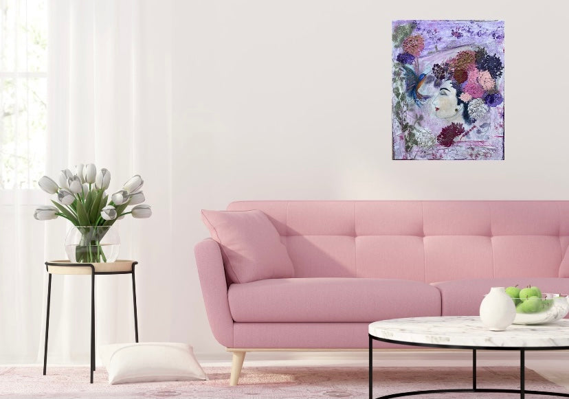 'Embrace Me With Flowers' Hand Painted Portrait Hummingbird Beach Bath Towel