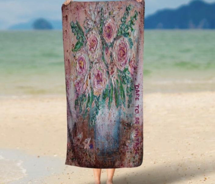 "Thrive" Hand Painted Rose Garden Painting Beach Bath Towel