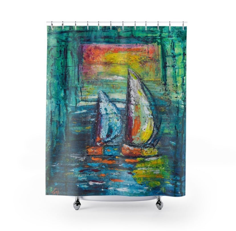 'A Quiet Morning At Sea' Abstract Sailboat Beach Bath Towel