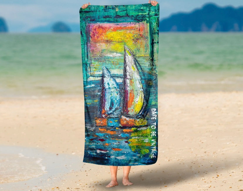 'A Quiet Morning At Sea' Abstract Sailboat Beach Bath Towel