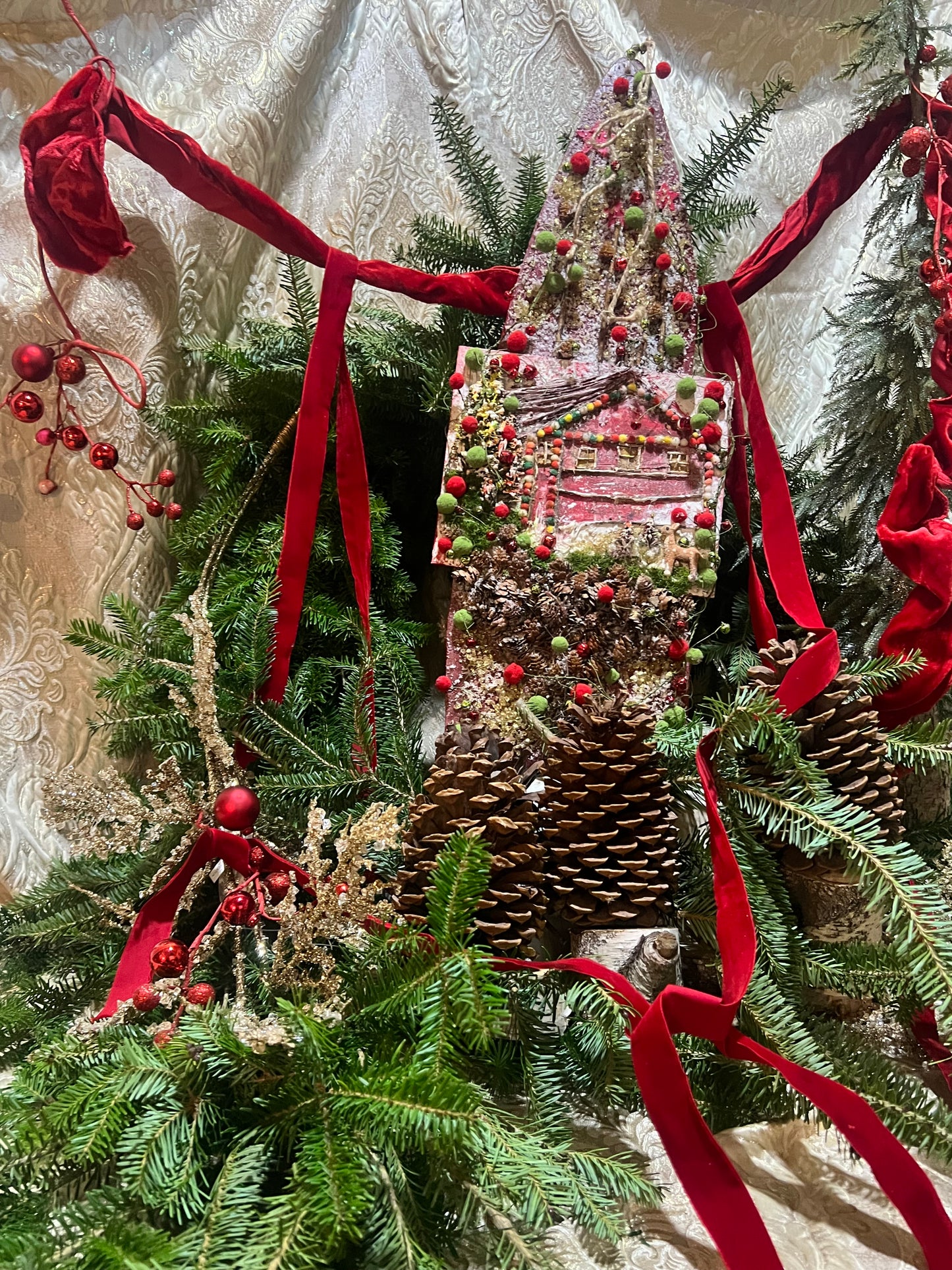 Rustic Farmhouse Christmas ~ Handmade Log Cabin Wall Art~ Boho Holiday Art ~ Christmas Log Cabin