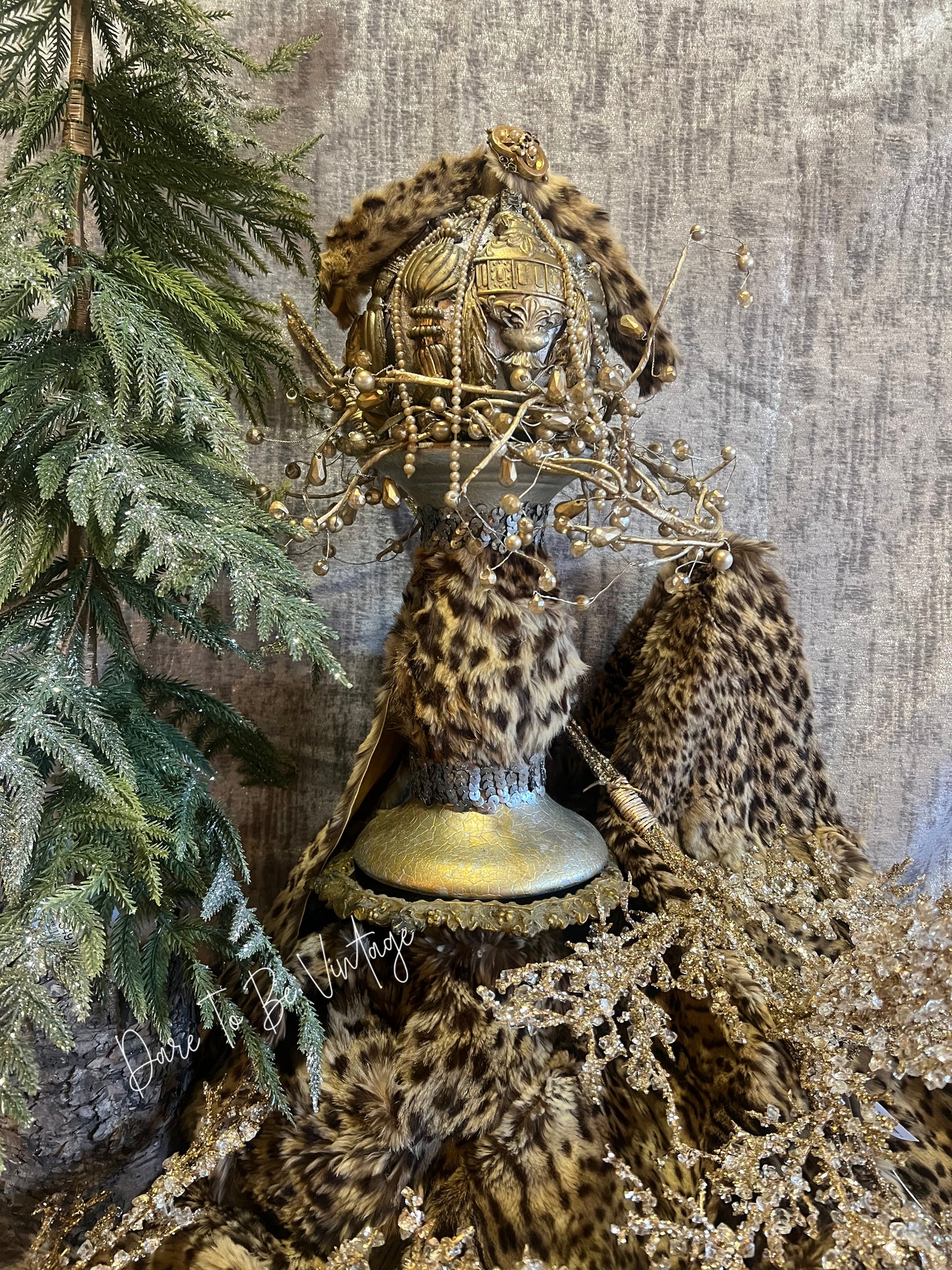 Vintage Leopard Print & Pearl Holiday Centerpiece ~ Silver & Gold Vintage Christmas Ornament ~ Vintage Christmas Decorations