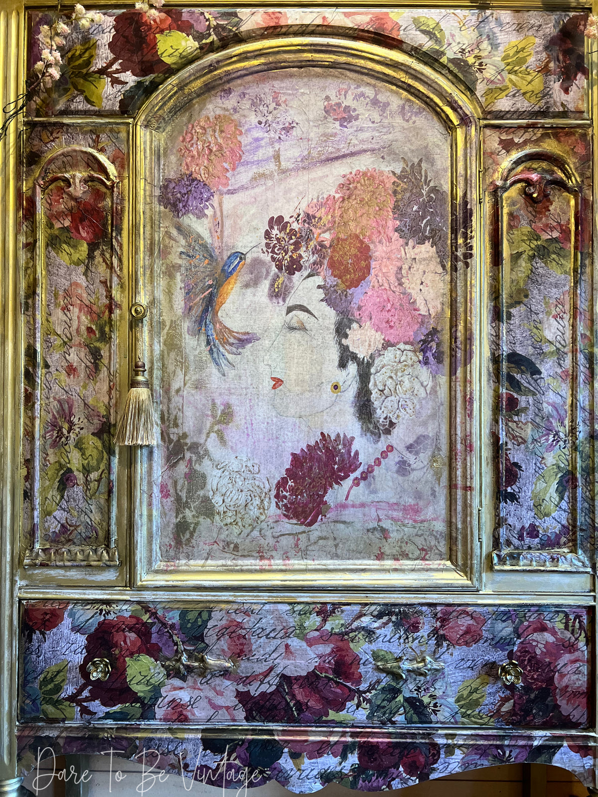 'Innocent Beauty' Whimsical Floral Armoire, Hand-Painted Floral China Cabinet