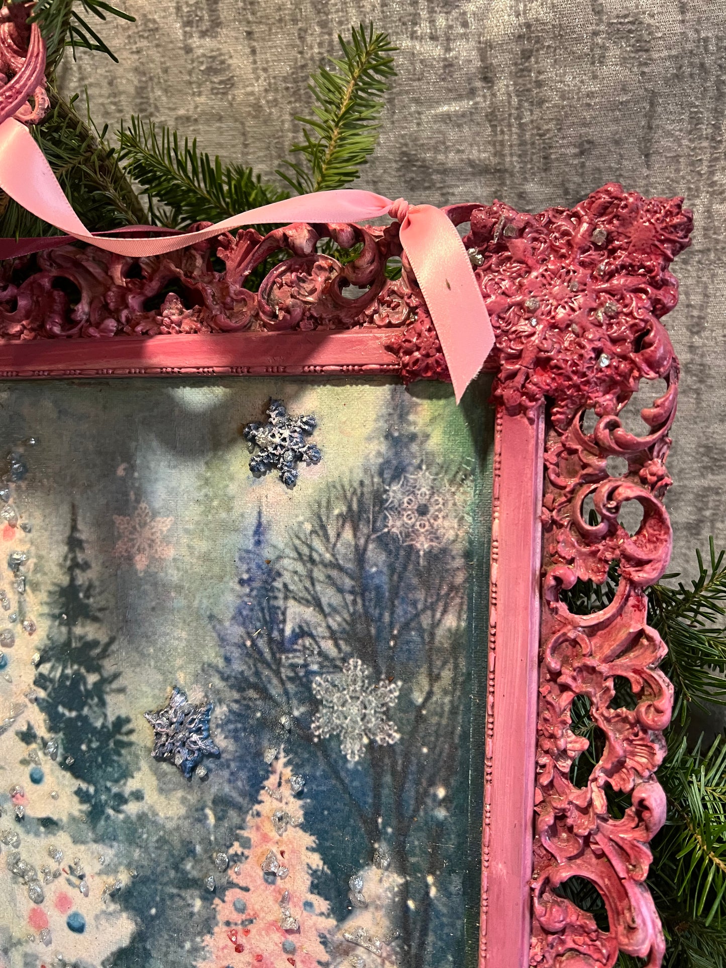 Upcycle Pastel Pink Christmas Artwork ~ Vintage Christmas Tree ~ Handmade Christmas Decor