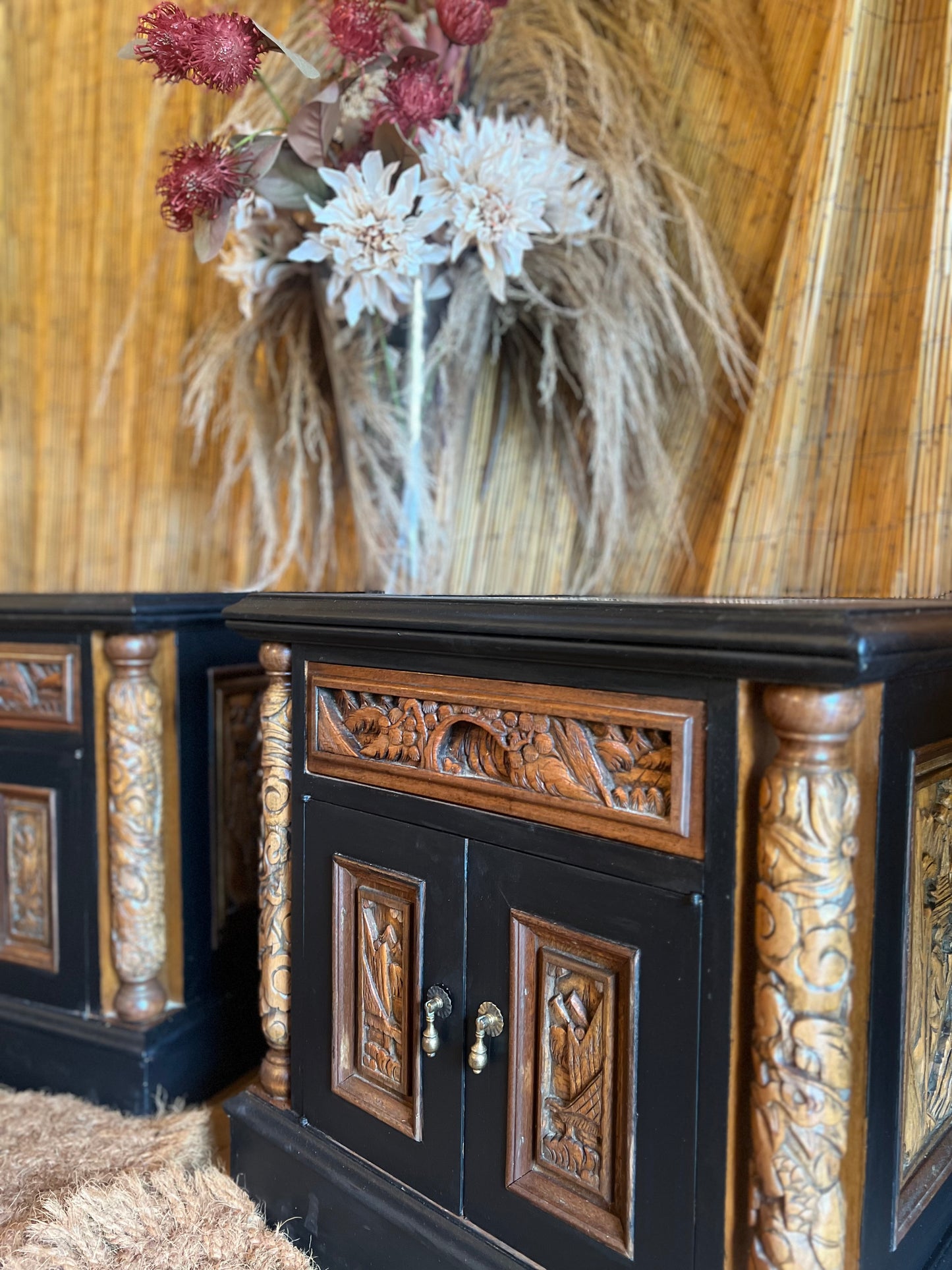 'Pagoda Garden' Hand Painted Vintage Carved Nightstands / Asian Carved End Tables / Vintage Wooden Carved Cabinets