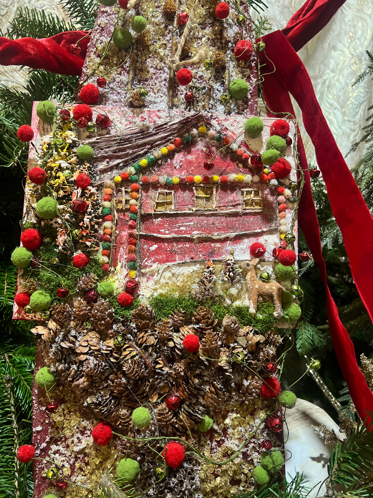 Rustic Farmhouse Christmas ~ Handmade Log Cabin Wall Art~ Boho Holiday Art ~ Christmas Log Cabin