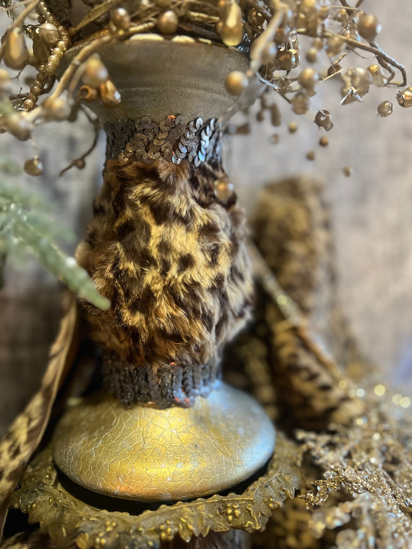 Vintage Leopard Print & Pearl Holiday Centerpiece ~ Silver & Gold Vintage Christmas Ornament ~ Vintage Christmas Decorations