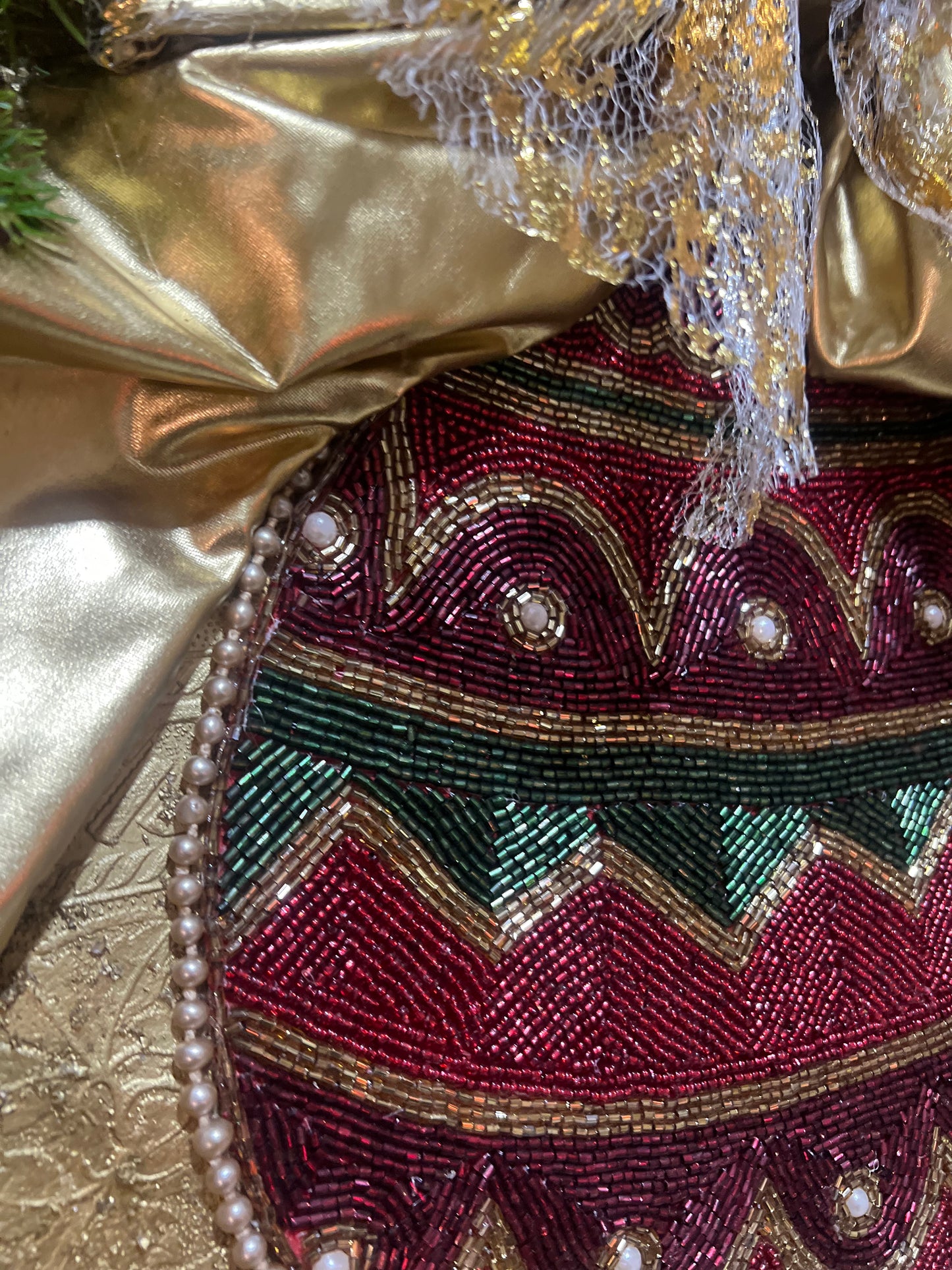 Holiday Ornament On Gold Canvas ~ Framed Vintage Jewelry Art ~ Christmas Bow Ornament