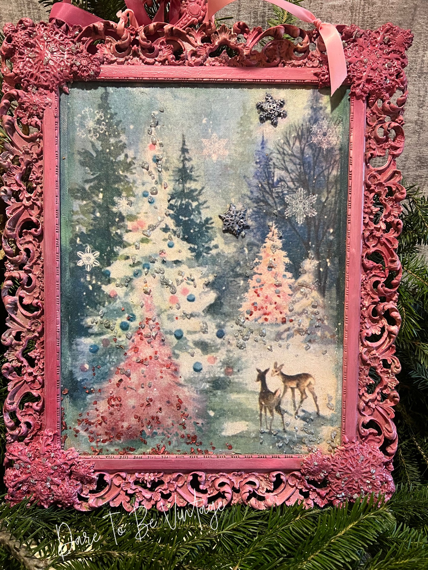 Upcycle Pastel Pink Christmas Artwork ~ Vintage Christmas Tree ~ Handmade Christmas Decor