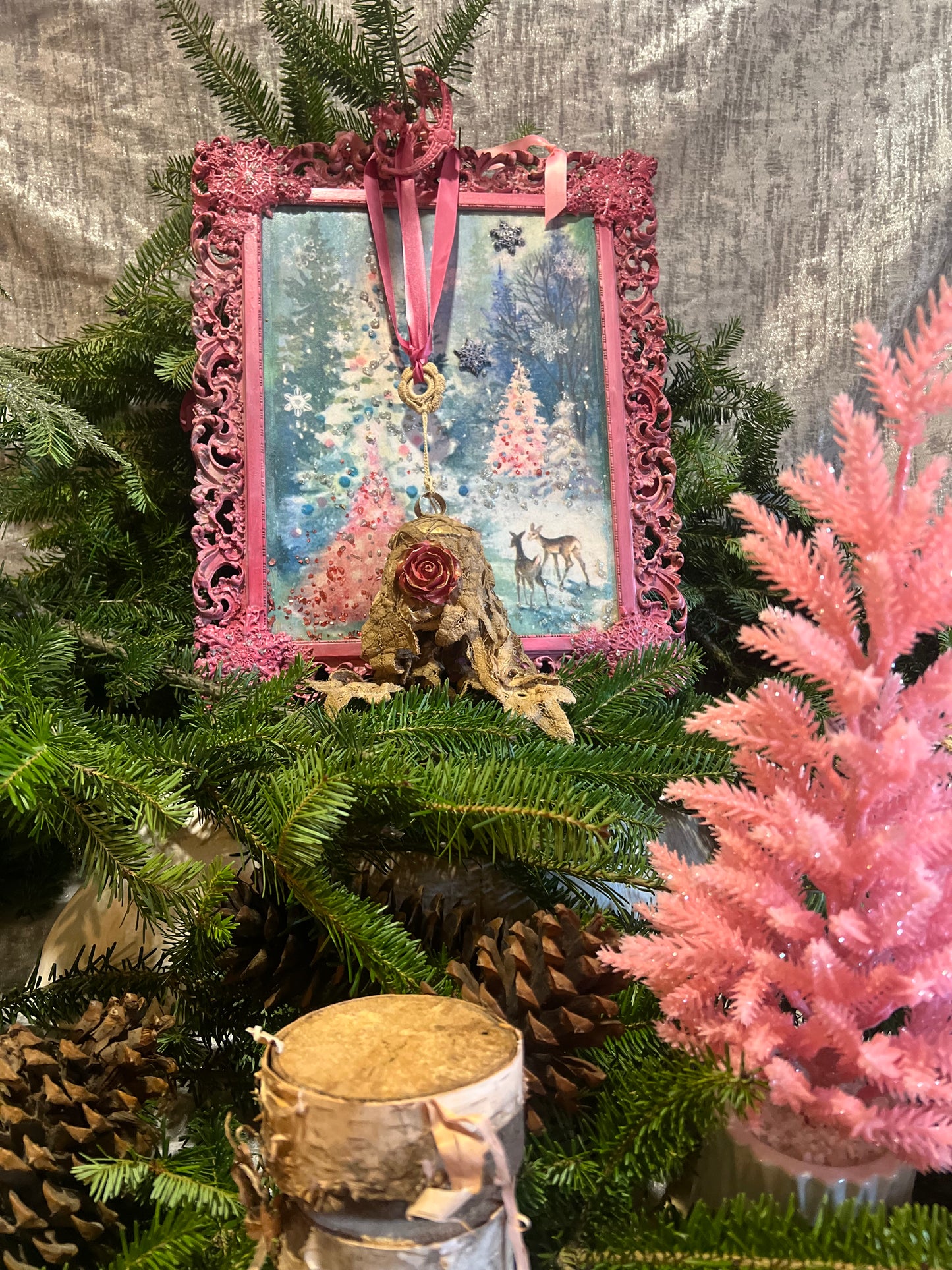 Upcycle Pastel Pink Christmas Artwork ~ Vintage Christmas Tree ~ Handmade Christmas Decor