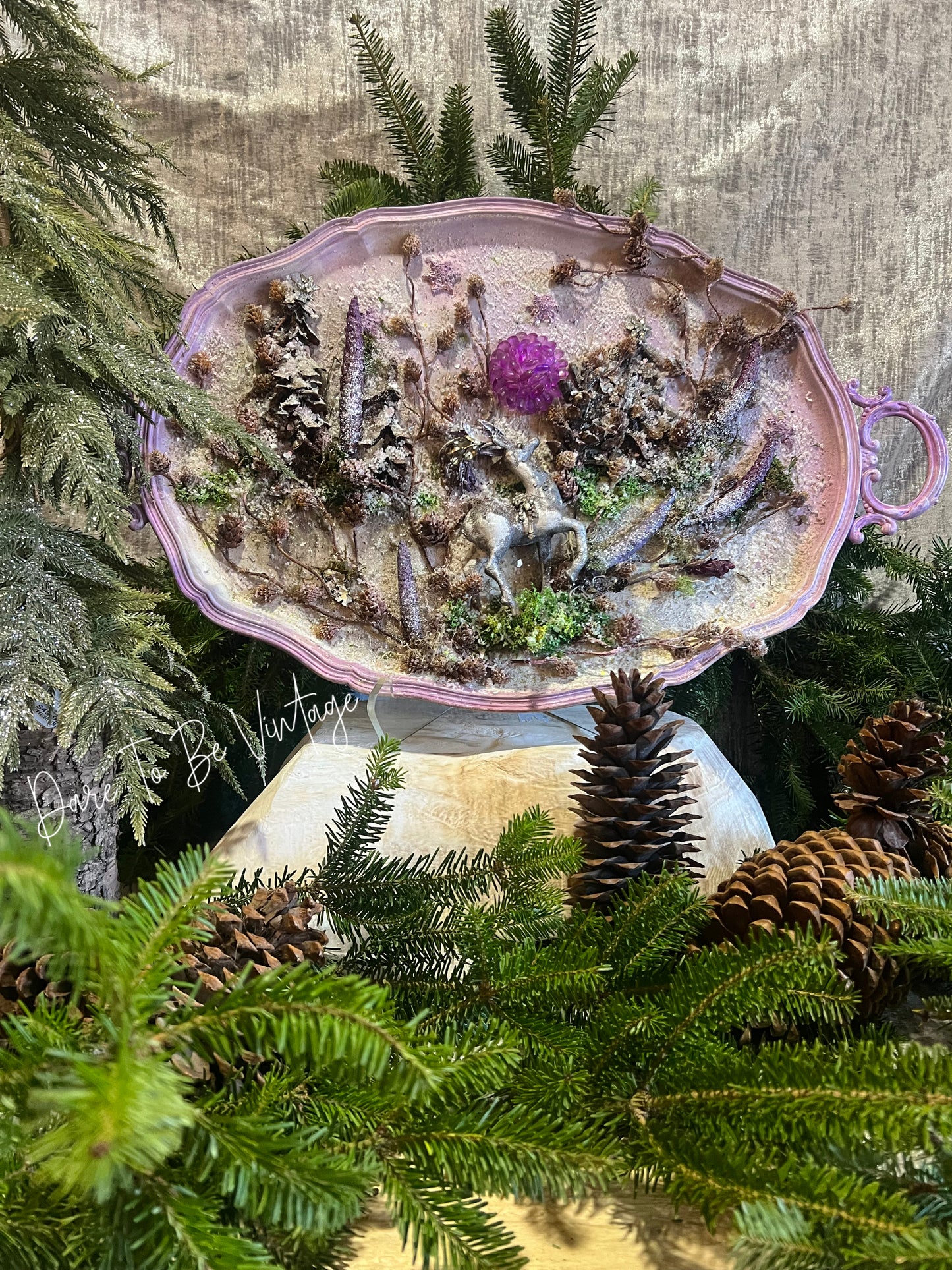 Upcycle Vintage Holiday Reindeer Tray ~ Handmade Rustic Woodland Reindeer Christmas Art ~ Purple Christmas