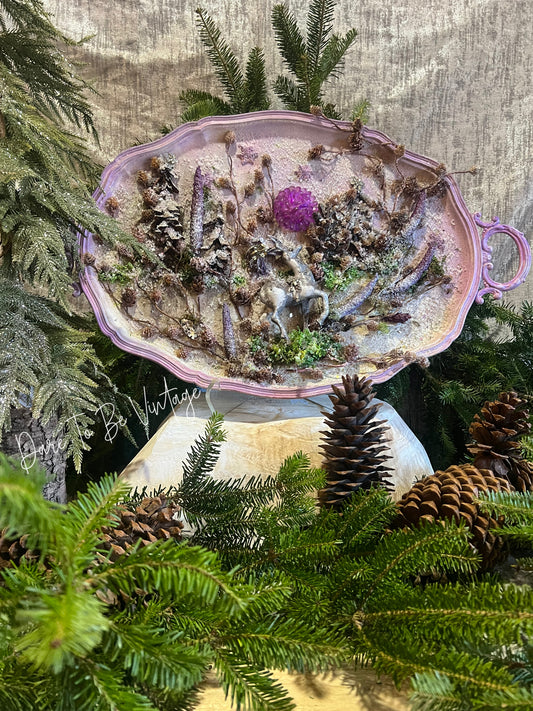 Upcycle Vintage Holiday Reindeer Tray ~ Handmade Rustic Woodland Reindeer Christmas Art ~ Purple Christmas