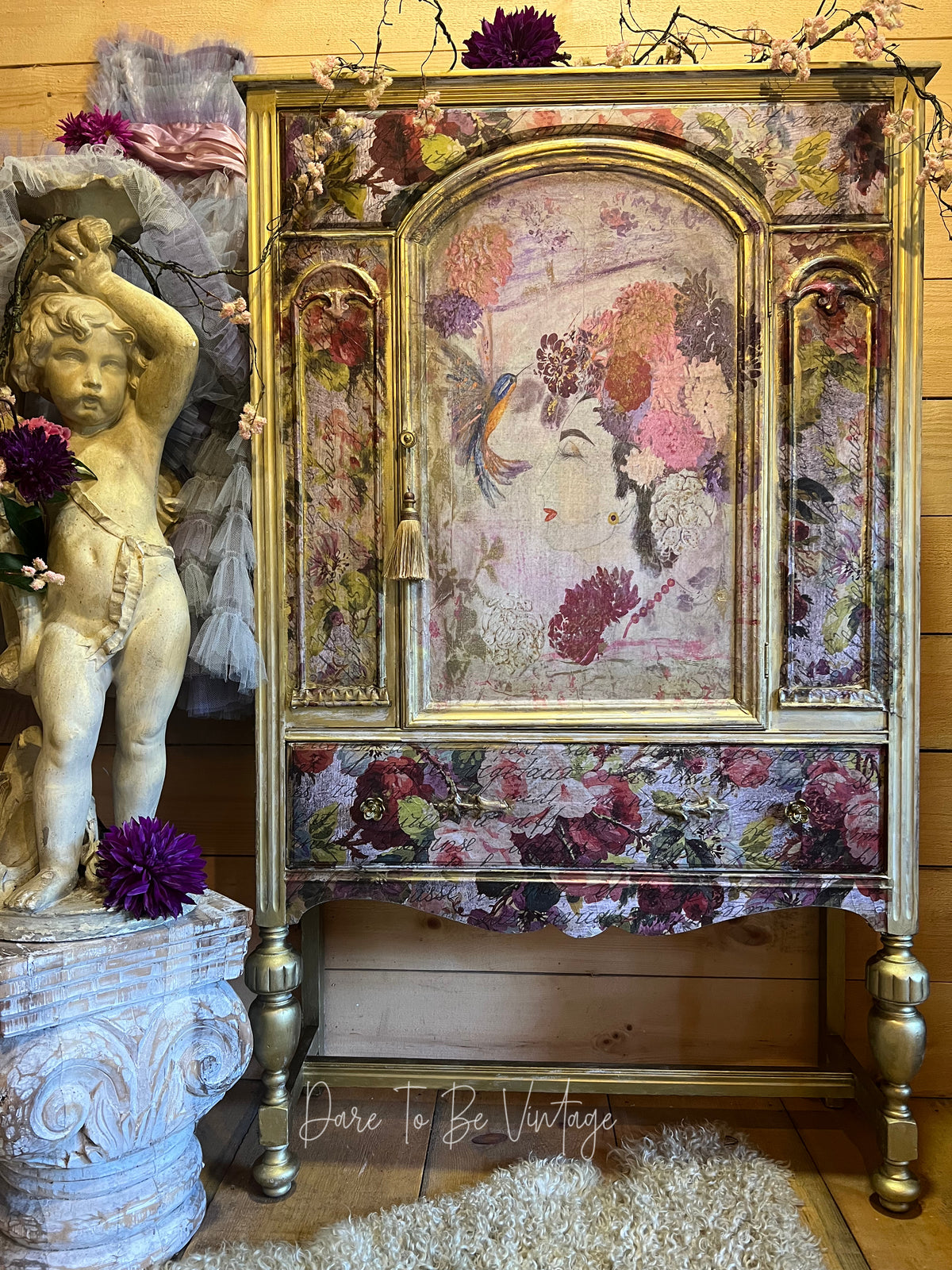 'Innocent Beauty' Whimsical Floral Armoire, Hand-Painted Floral China Cabinet