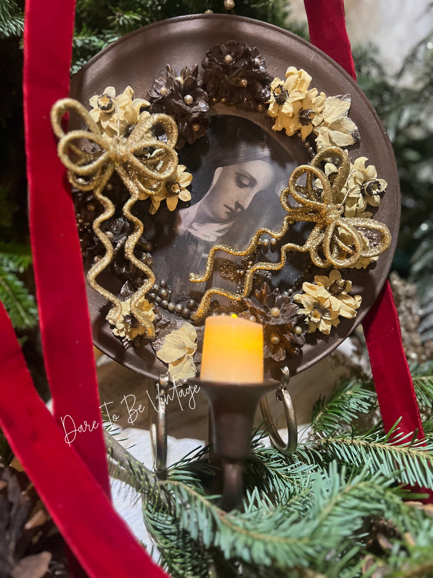 Handmade Religious Wall Art ~ Vintage Handmade Holiday Decor ~ Christmas Bows & Flowers