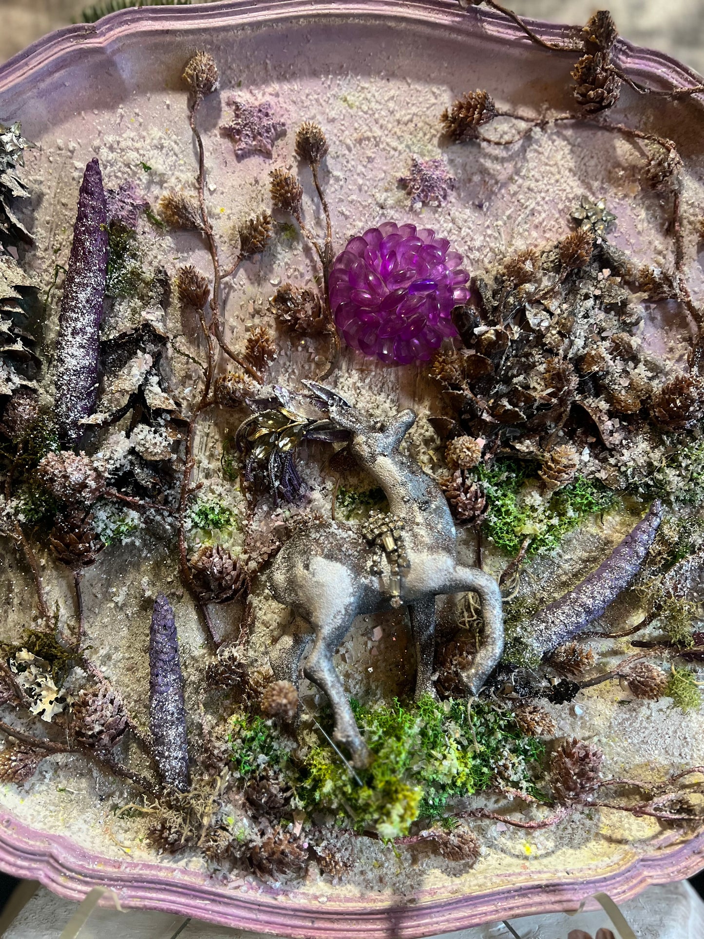 Upcycle Vintage Holiday Reindeer Tray ~ Handmade Rustic Woodland Reindeer Christmas Art ~ Purple Christmas