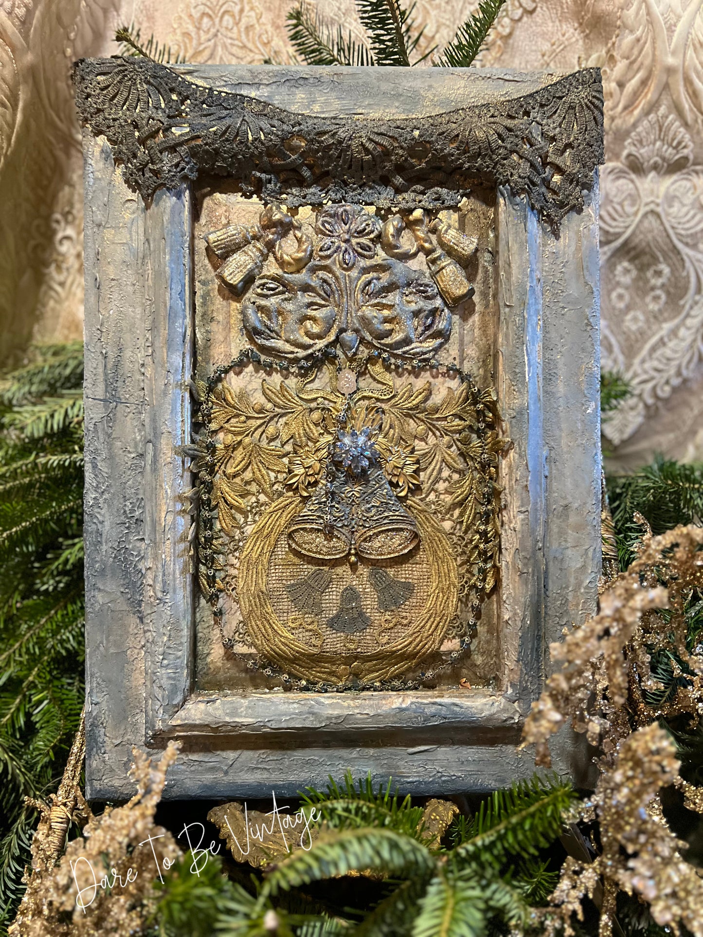 Framed Vintage Jewelry Art ~ Vintage Holiday Wall Art ~ Handcrafted Vintage Beaded Christmas Art