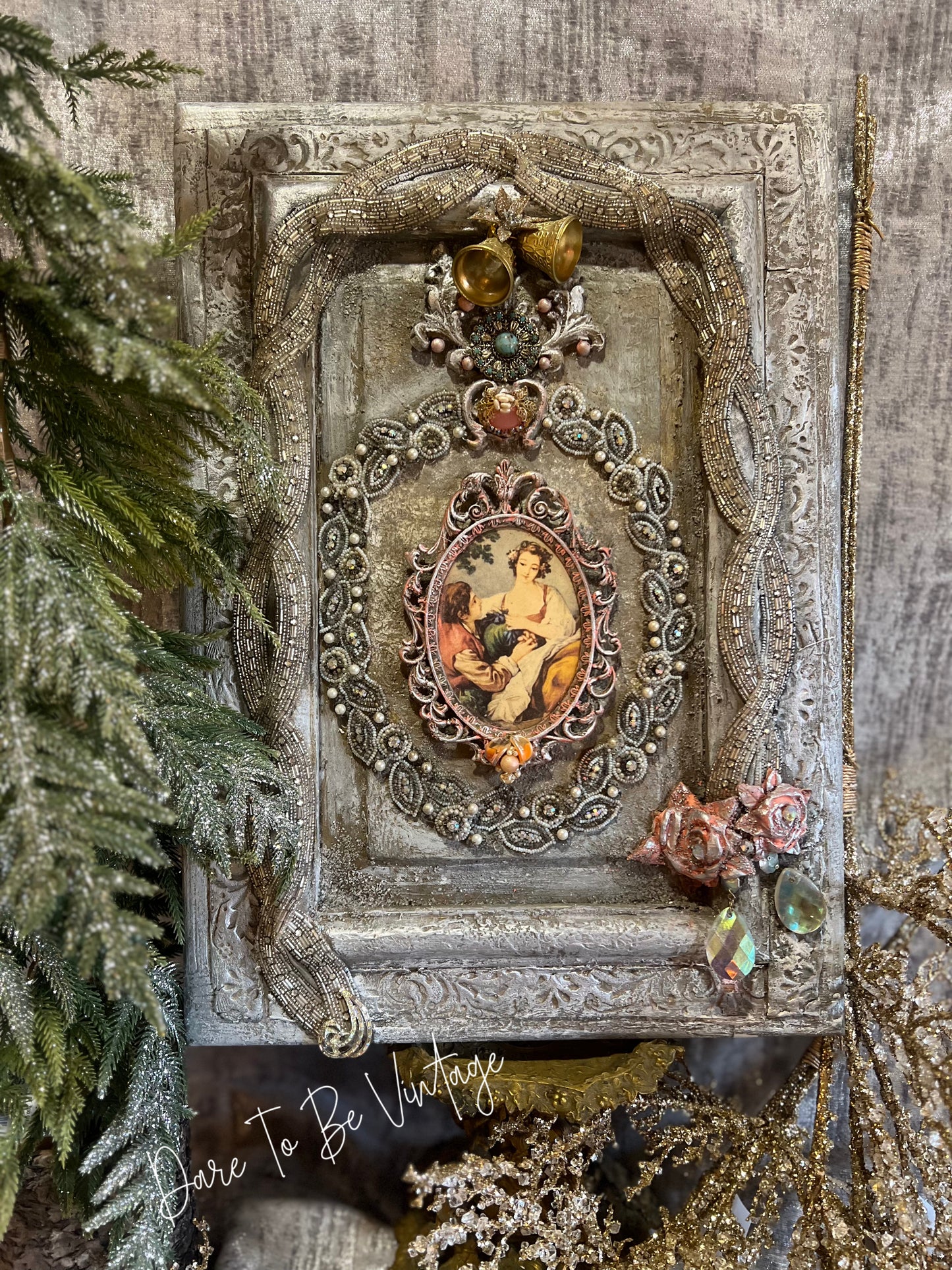 Framed Vintage Jewelry Art ~ Vintage Holiday Wall Art ~ Handcrafted Vintage Beaded Christmas Art