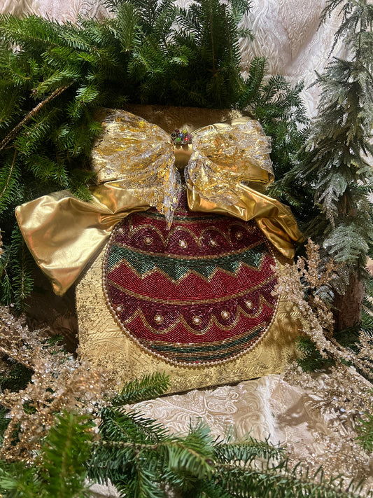 Holiday Ornament On Gold Canvas ~ Framed Vintage Jewelry Art ~ Christmas Bow Ornament