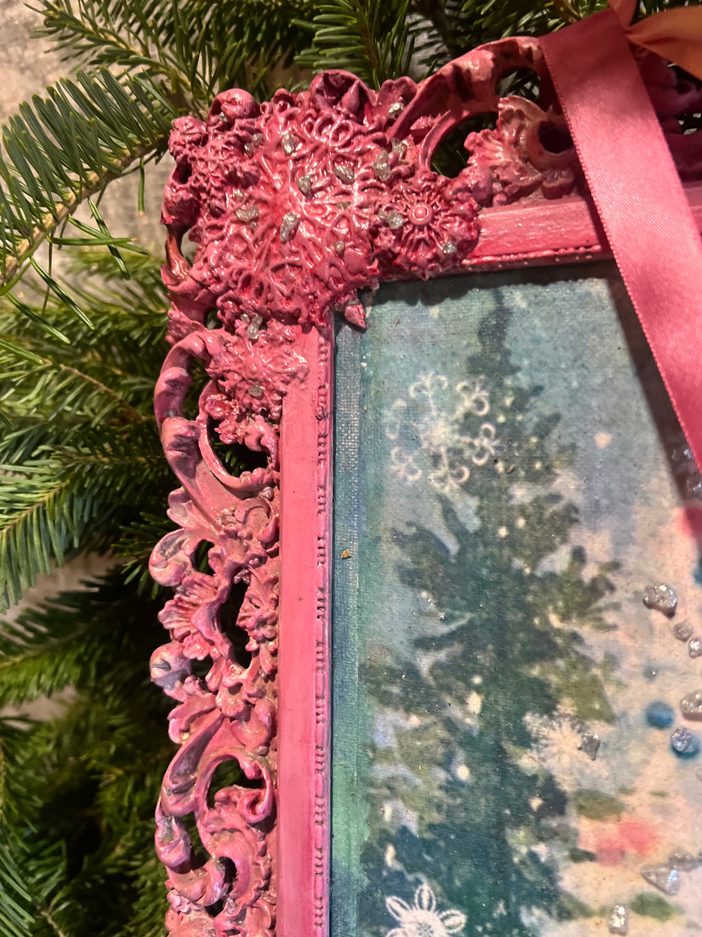 Upcycle Pastel Pink Christmas Artwork ~ Vintage Christmas Tree ~ Handmade Christmas Decor