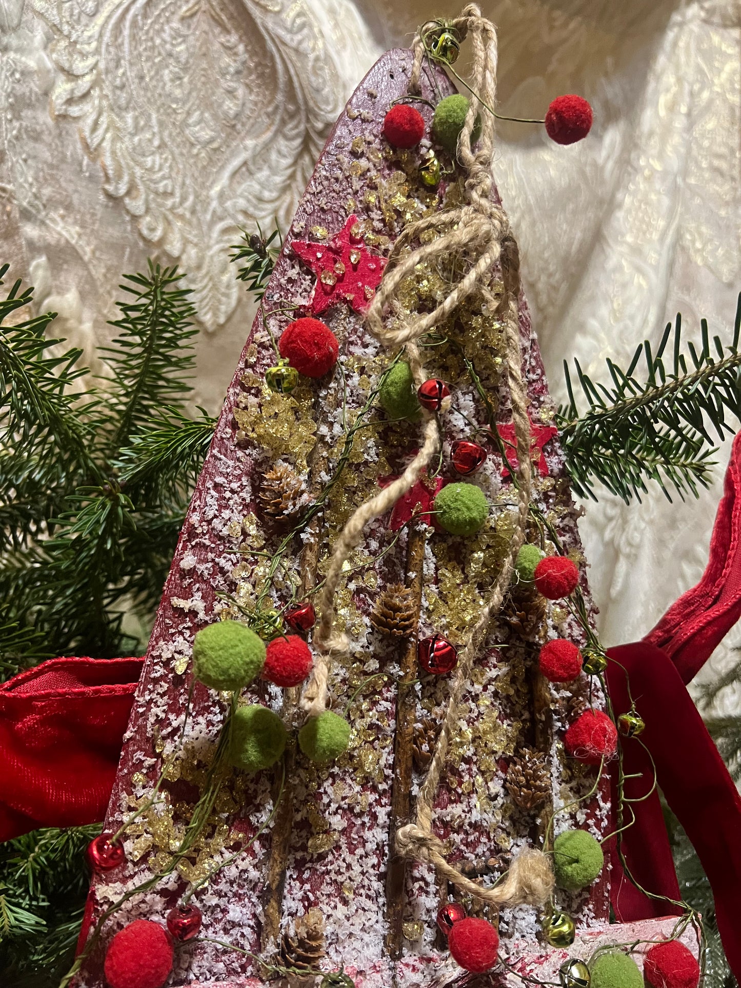 Rustic Farmhouse Christmas ~ Handmade Log Cabin Wall Art~ Boho Holiday Art ~ Christmas Log Cabin