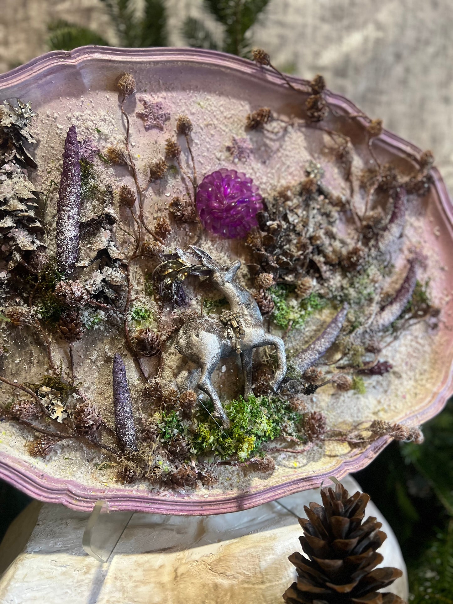 Upcycle Vintage Holiday Reindeer Tray ~ Handmade Rustic Woodland Reindeer Christmas Art ~ Purple Christmas