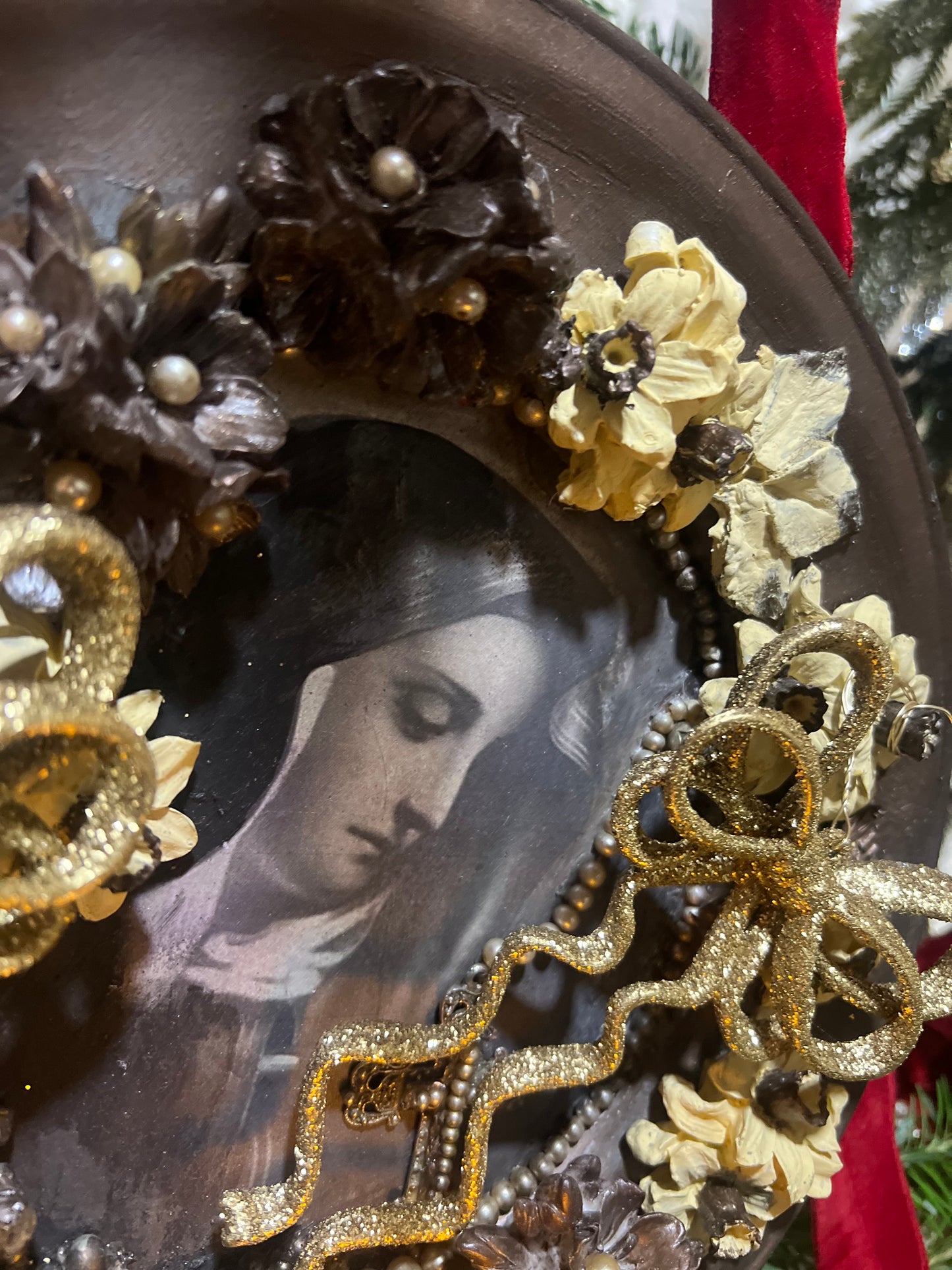 Handmade Religious Wall Art ~ Vintage Handmade Holiday Decor ~ Christmas Bows & Flowers