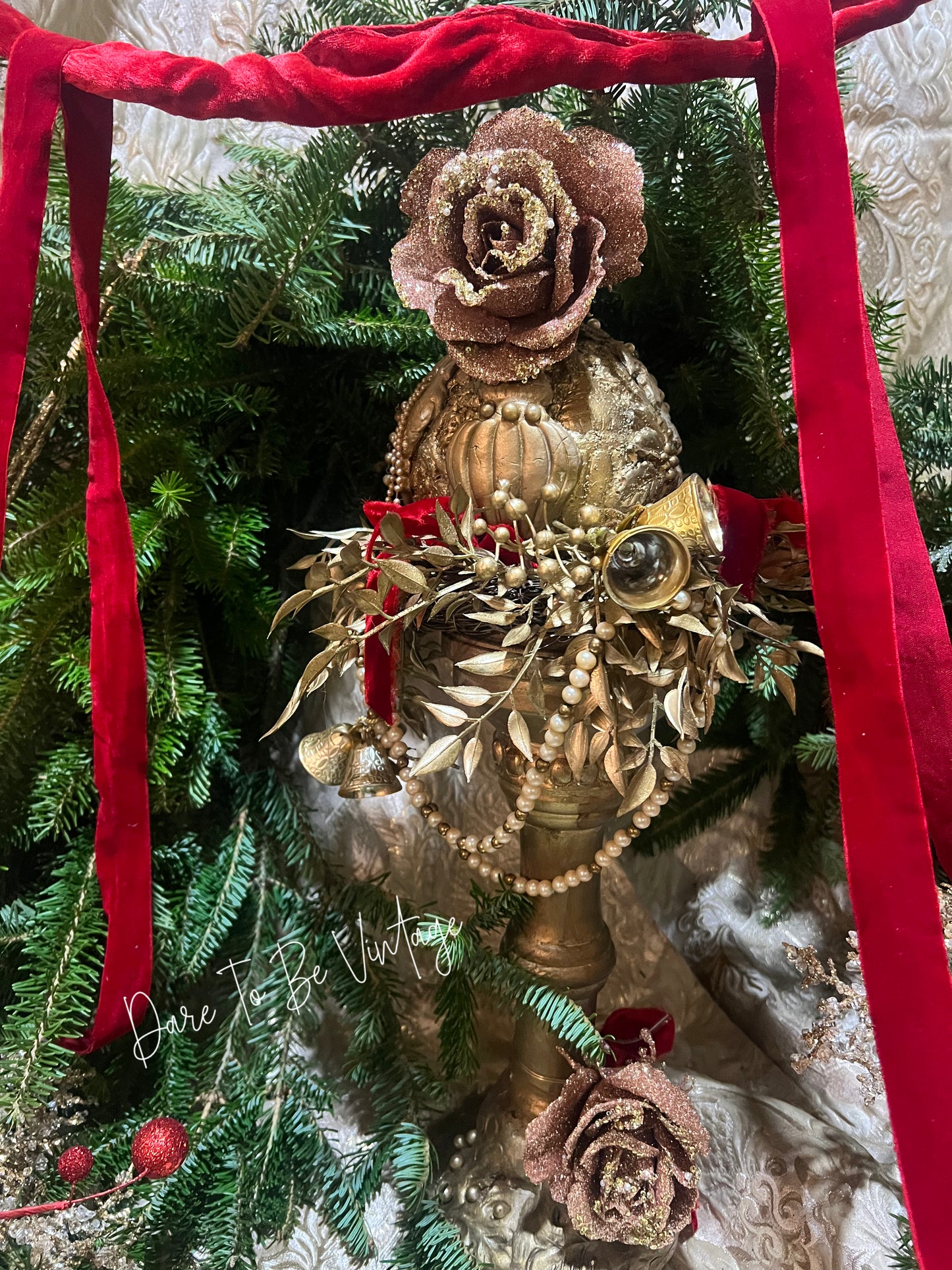 Red & Gold Holiday Centerpiece ~ Rustic Glam Centerpiece ~ Bows ~ Roses