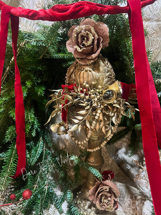 Red & Gold Holiday Centerpiece ~ Rustic Glam Centerpiece ~ Bows ~ Roses